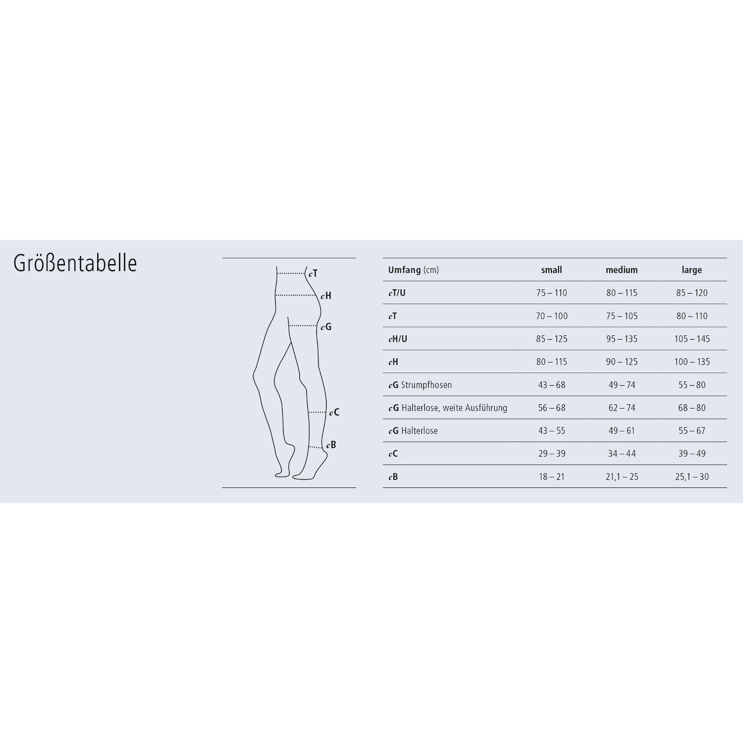 Größentabelle für Strümpfe. Diagramm mit Maßen für Umfang, Wadenumfang, Oberschenkelumfang und Fußlänge in cm.
