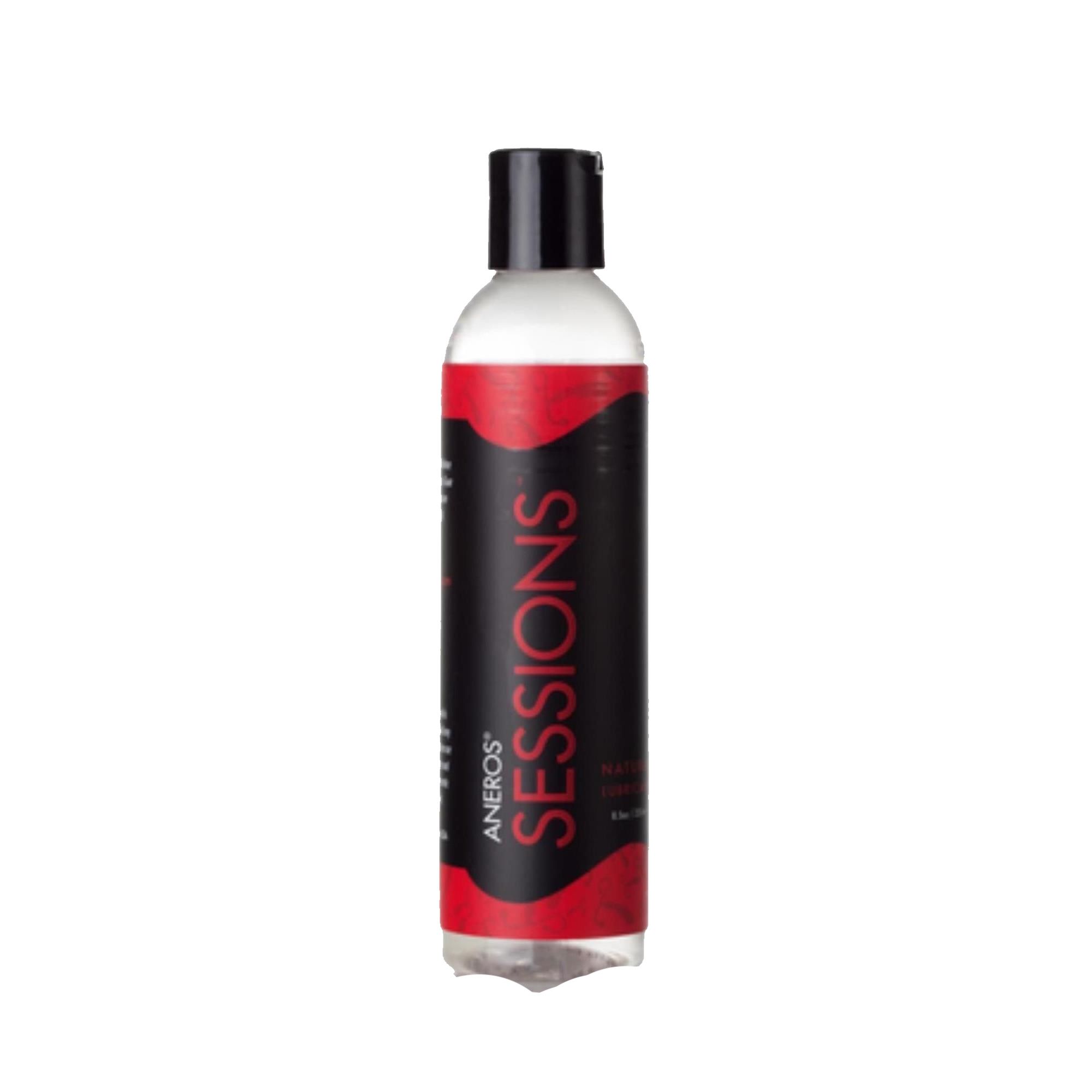 Flasche mit schwarzem Deckel und rotem Etikett. Aufschrift: SESSIONS, Aneros.