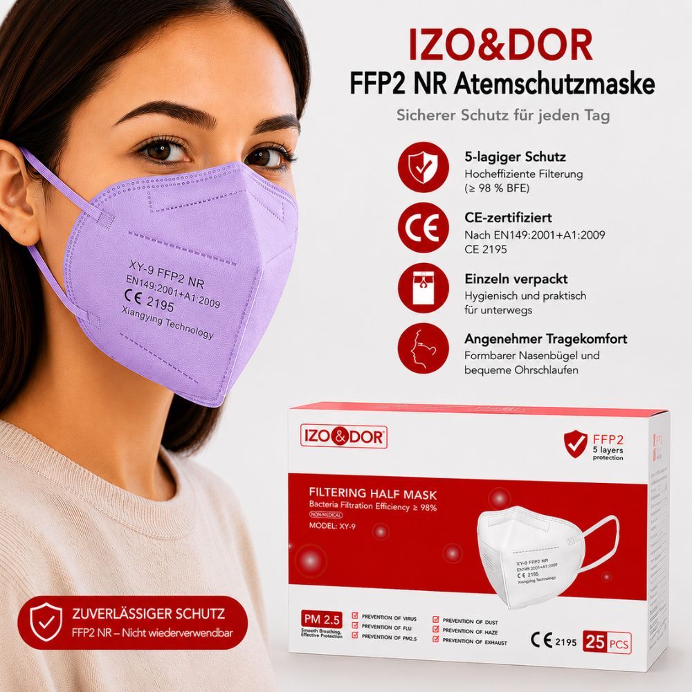 Frau trägt violette FFP2-Maske; Verpackung zeigt 5 Lagen, CE-Zertifizierung.
