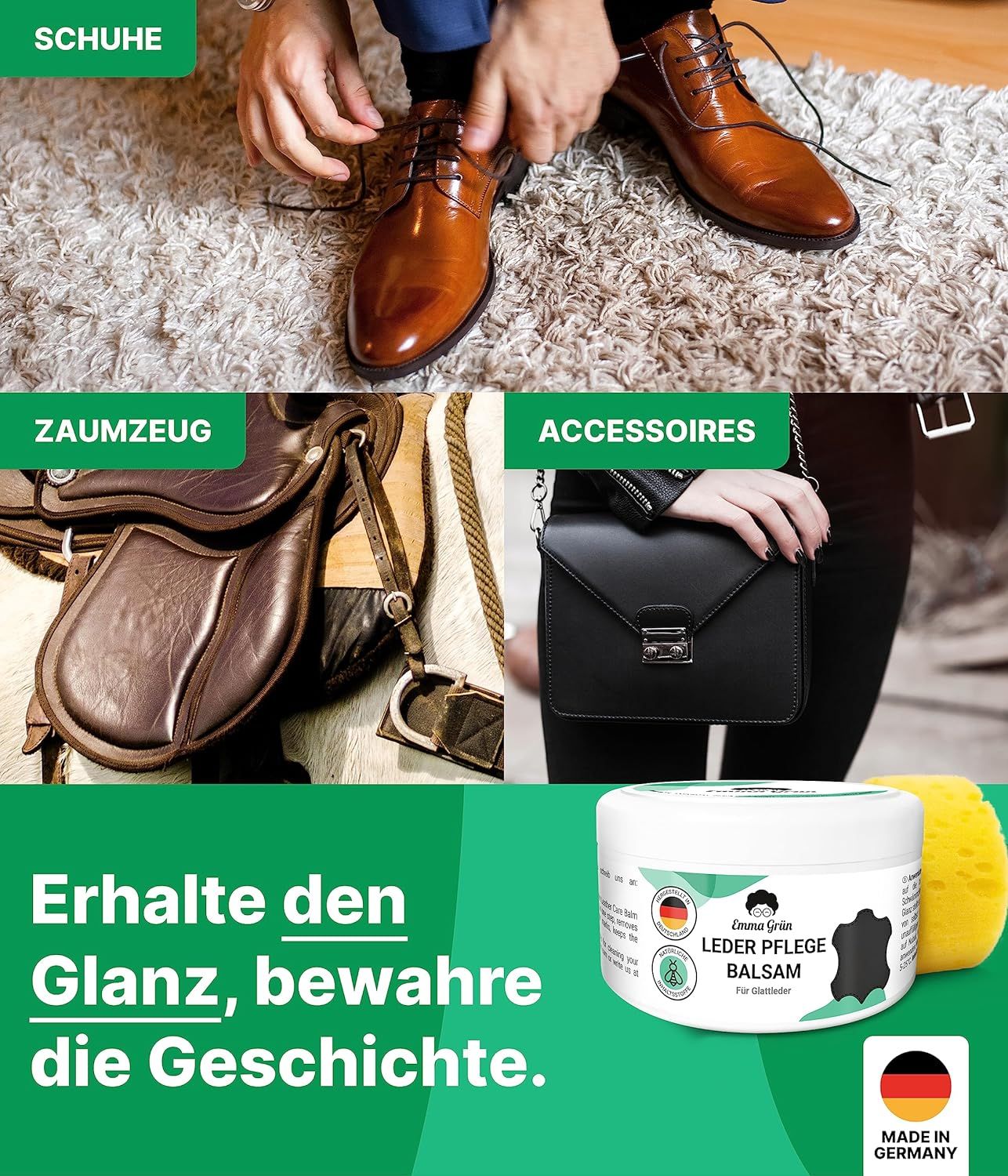 Produkt mit Schwamm. Text: "Erhält den Glanz, bewahre die Geschichte". Abgebildet: Schuhe, Zaumzeug, Accessoires.