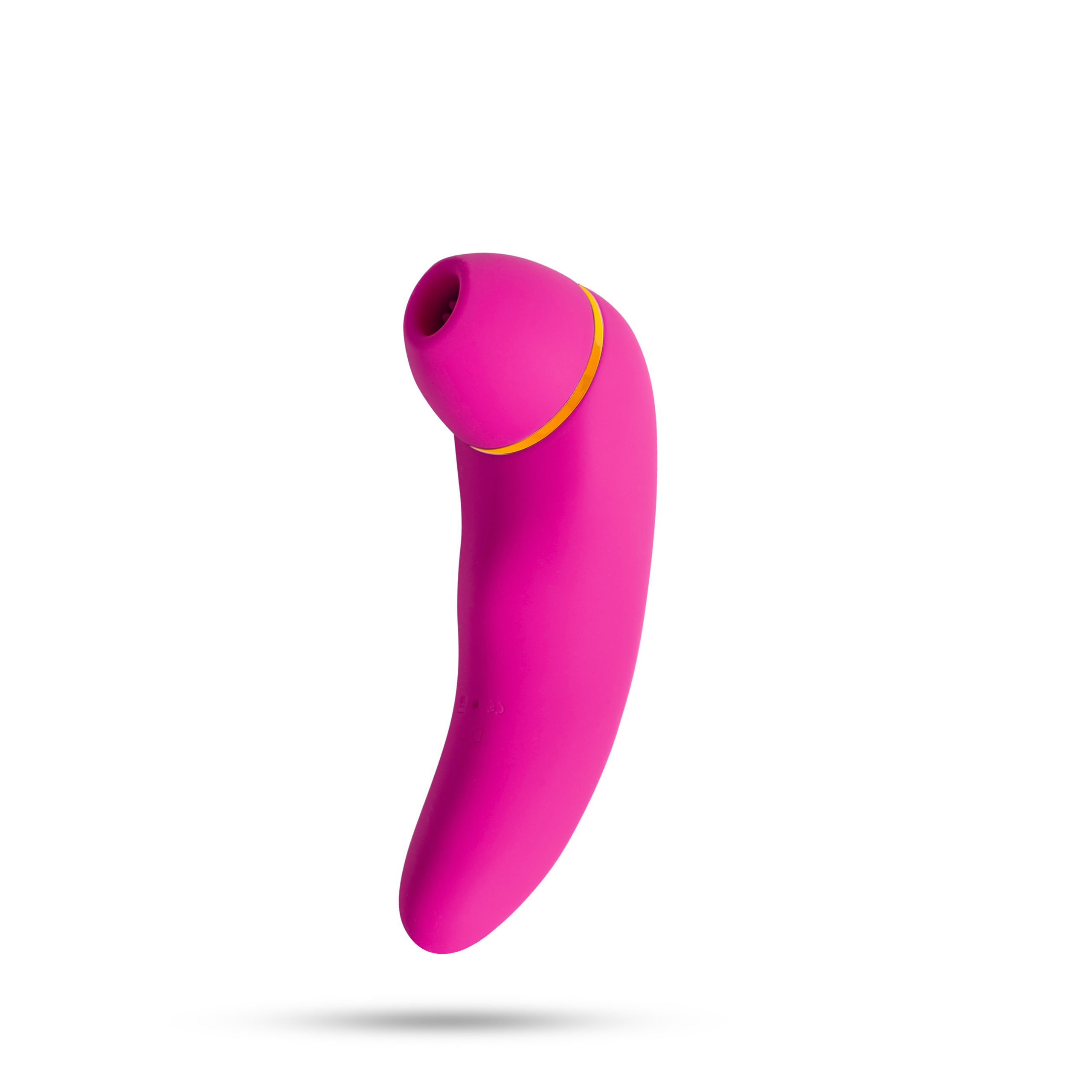 Rosa Vibrator mit abgerundeter Form und goldfarbenem Akzent. Auf weißem Hintergrund.