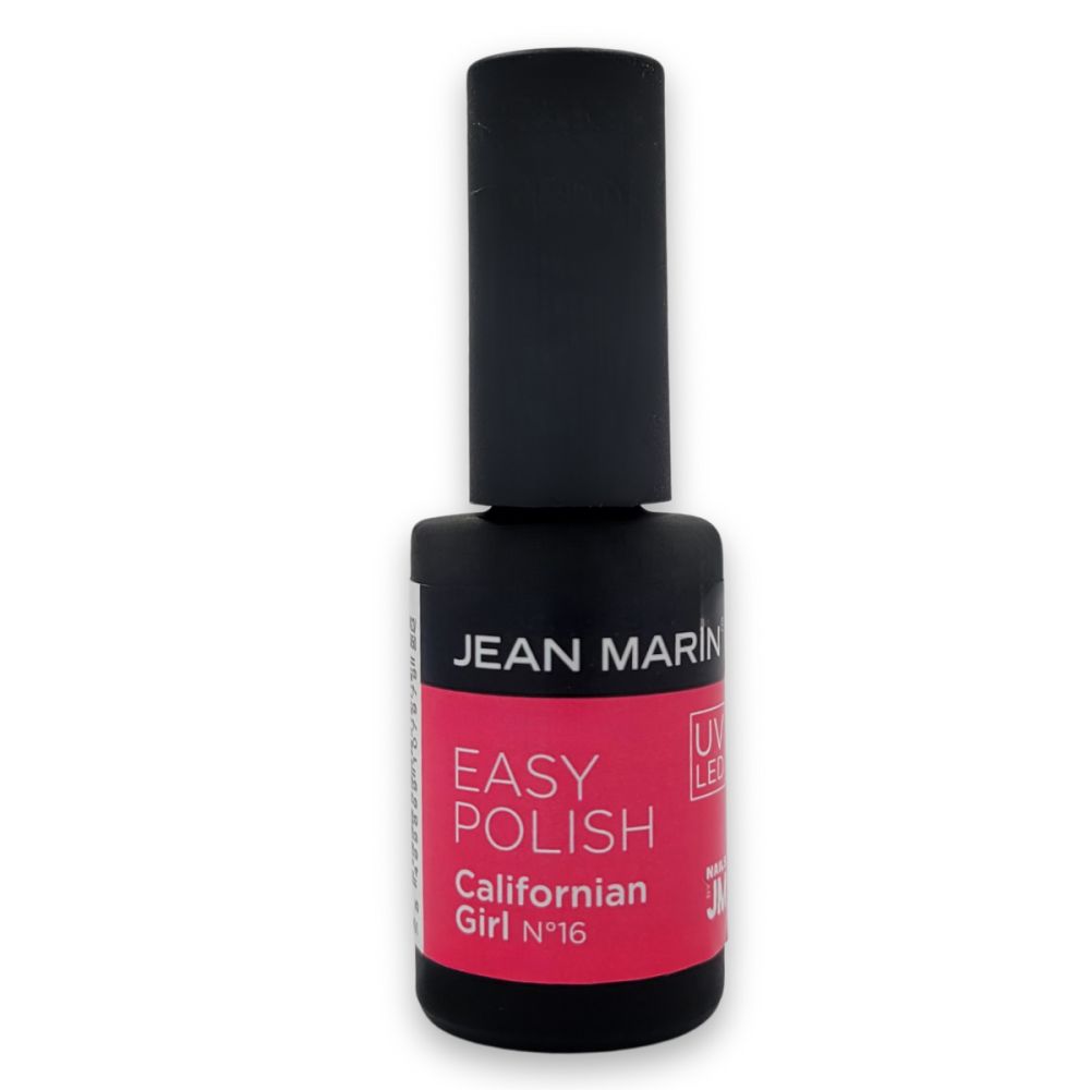 Nagellackflasche mit schwarzem Deckel. Auf dem Etikett steht "JEAN MARIN EASY POLISH Californian Girl N°16".