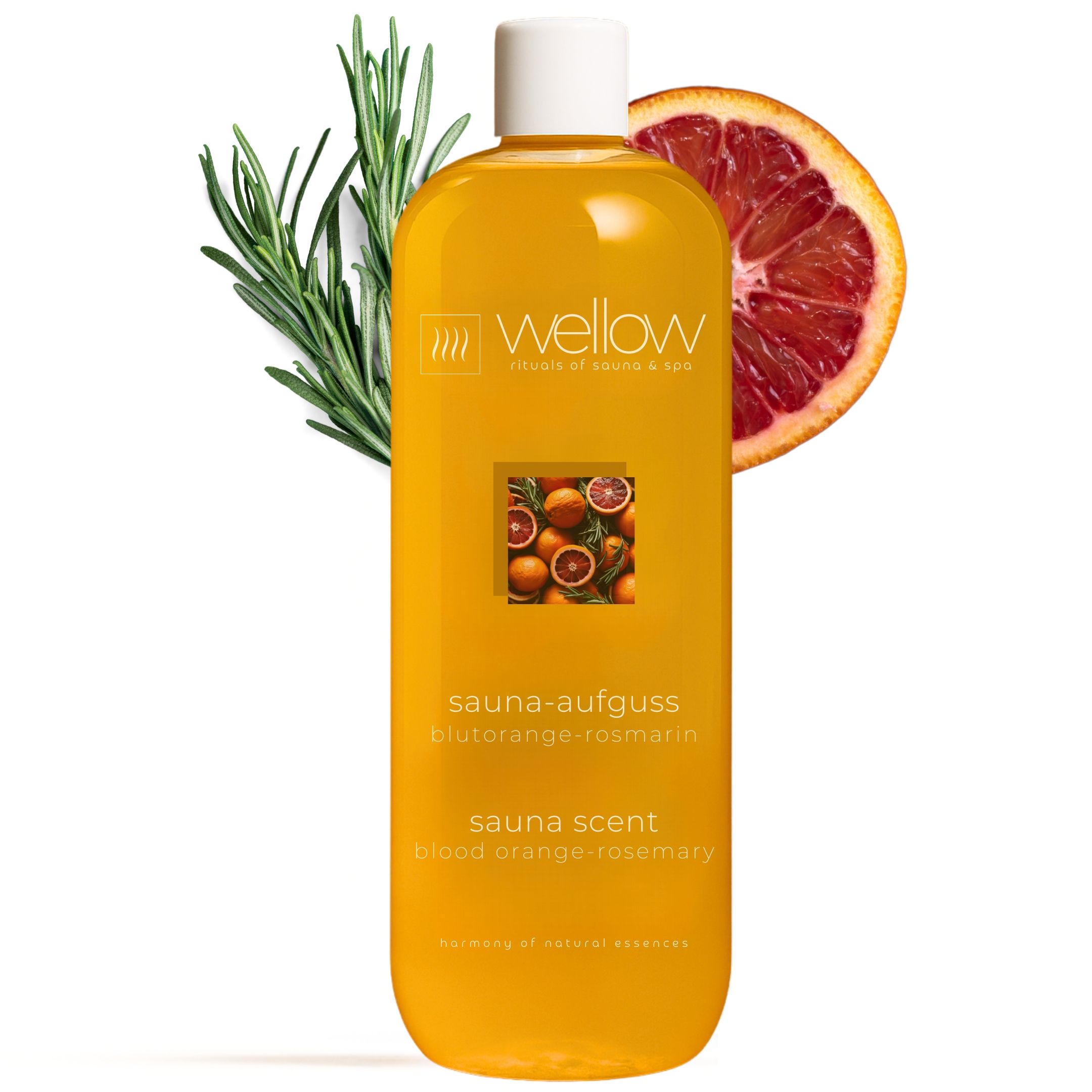 Wellow Sauna-Aufguss Blutorange-Rosmarin. Flasche mit Produktetikett, Blutorange, Rosmarinzweig. Aufschrift: Sauna-Aufguss, Sauna Scent.
