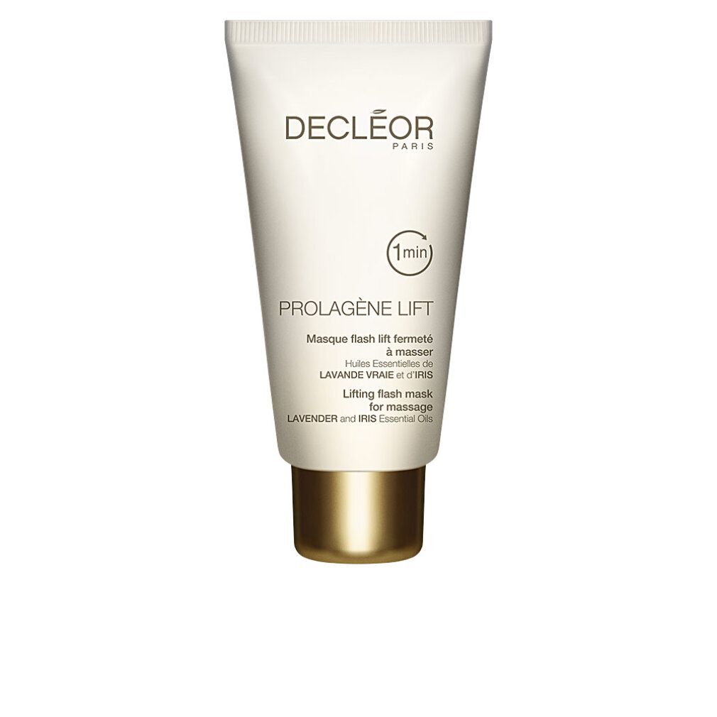 Weiße Tube mit goldenem Verschluss. Aufschrift: Decleor Paris, Prolagene Lift, 1 min. Lifting Flash Mask.