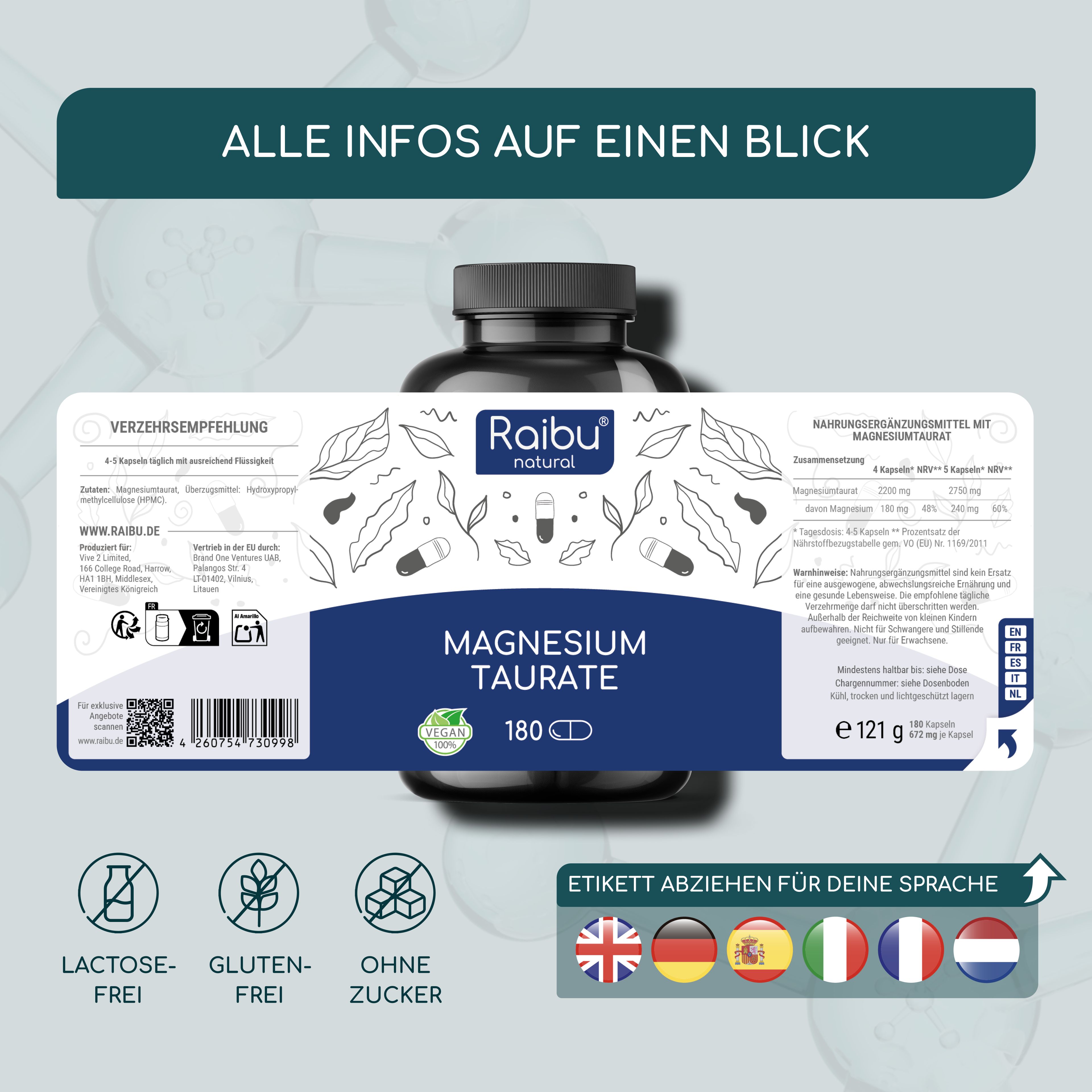 Produktetikett mit Text: Raibu natural, Magnesium Taurat, 180 Kapseln. Infos zu Inhaltsstoffen. Laktose-, Gluten-, Zuckerfrei.
