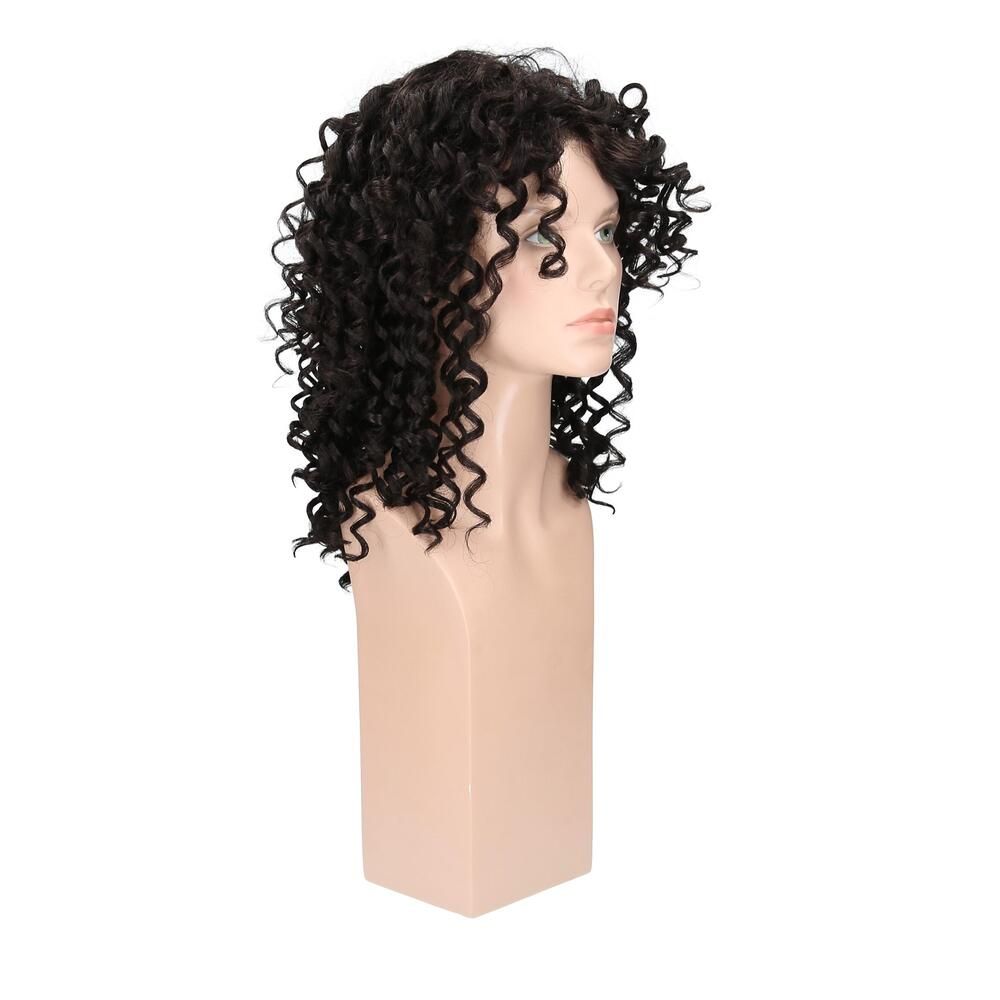 Perücke Maileen von trendhair, lockig, schwarz, auf einer Büste. Dreiviertelansicht.