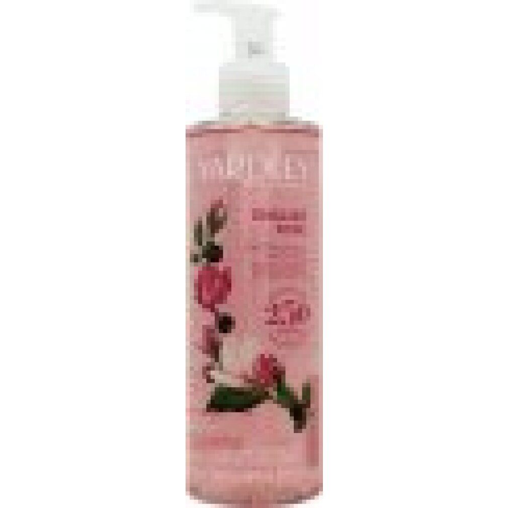 Rosa Flüssigseife mit Pumpverschluss. Aufschrift: Yardley English Rose. Floral-Dekor.
