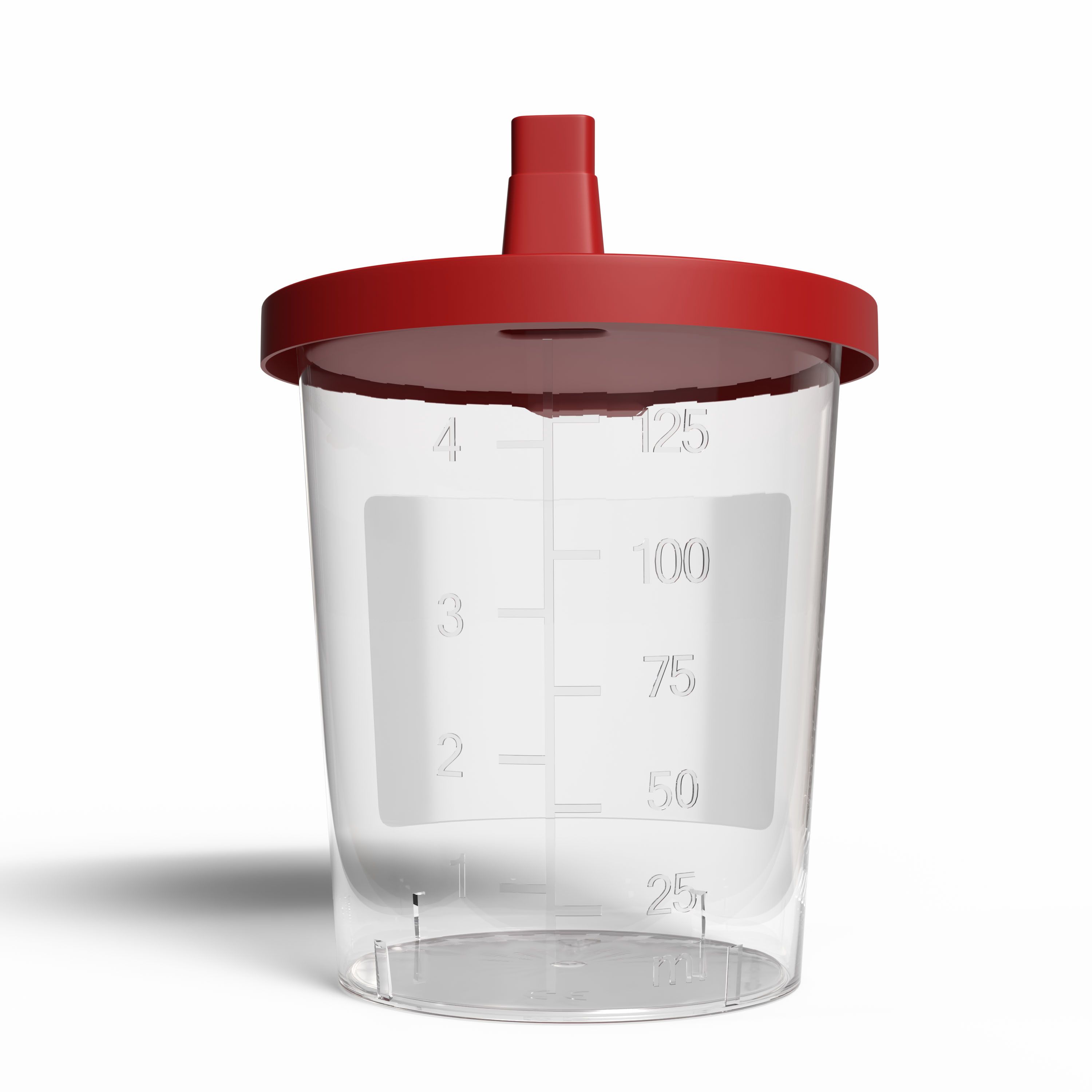 Transparenter Becher mit rotem Deckel. Skala von 25 bis 125 ml. Deckel mit integriertem Verschluss.