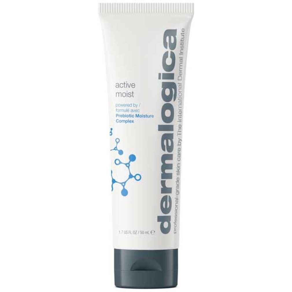 Dermalogica Active Moist Tube mit 'Prebiotic Moisture Complex' und Molekülstruktur.