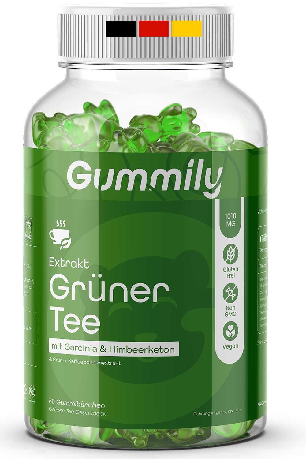 Grüne Gummibärchen in einer transparenten Flasche. Aufschrift: Gummily Grüner Tee Extrakt. Enthält Garcinia und Himbeerketon.