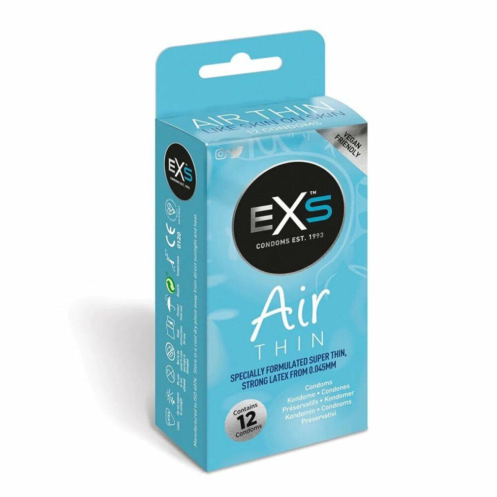 Hellblaue Schachtel mit EXS-Logo und Aufschrift 'Air Thin'. Enthält 12 Kondome. Vegan-freundlich.