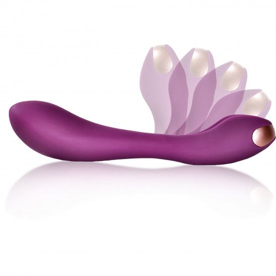 Lila Vibrator mit zwei Enden und goldfarbenen Akzenten. Mehrere animierte Darstellungen der oberen Spitze.