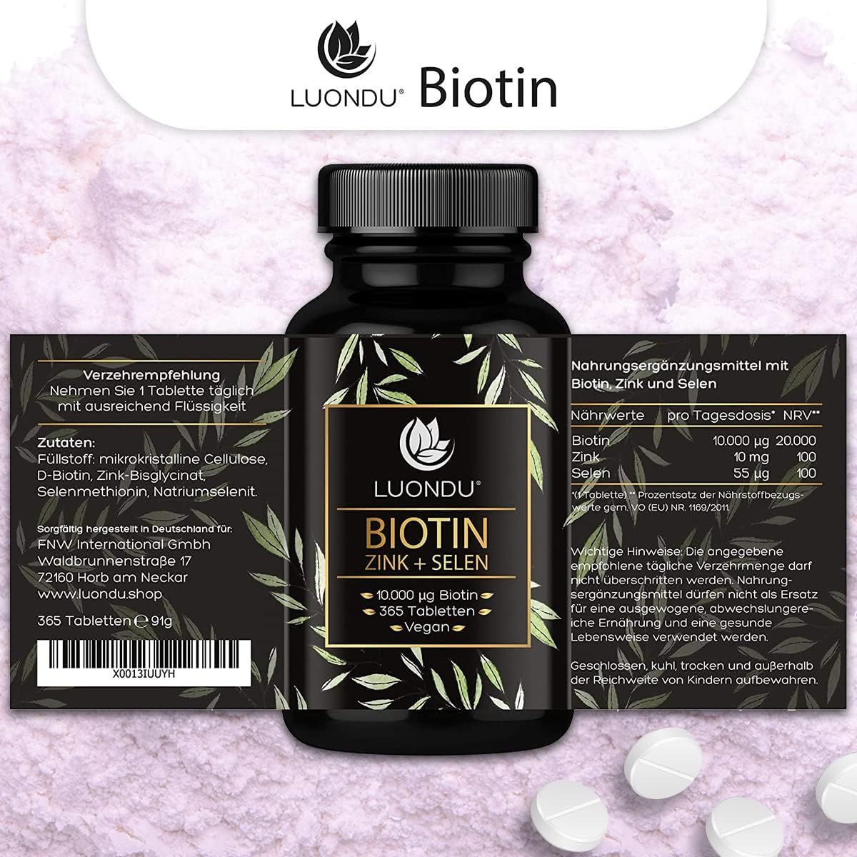 Schwarze Flasche mit Etikett. "Luondu Biotin Zink + Selen". 10.000 mcg Biotin, 365 Tabletten. Vegan. Tabletten daneben.