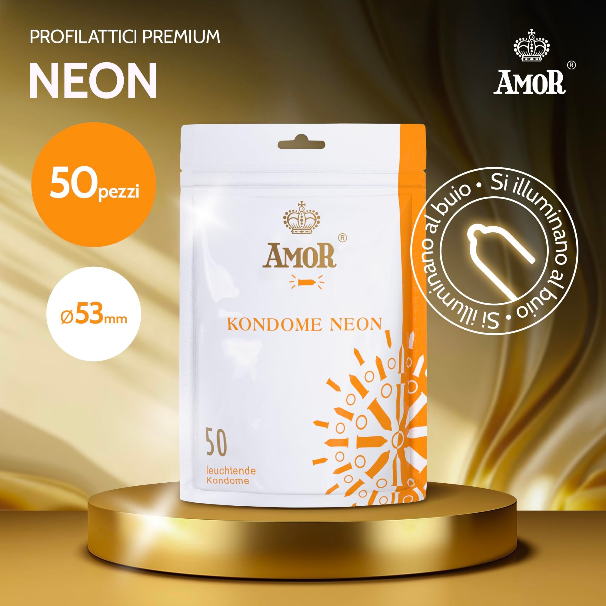 AMOR Kondome Neon, 50 Stück, Ø 53mm. Leuchten im Dunkeln.