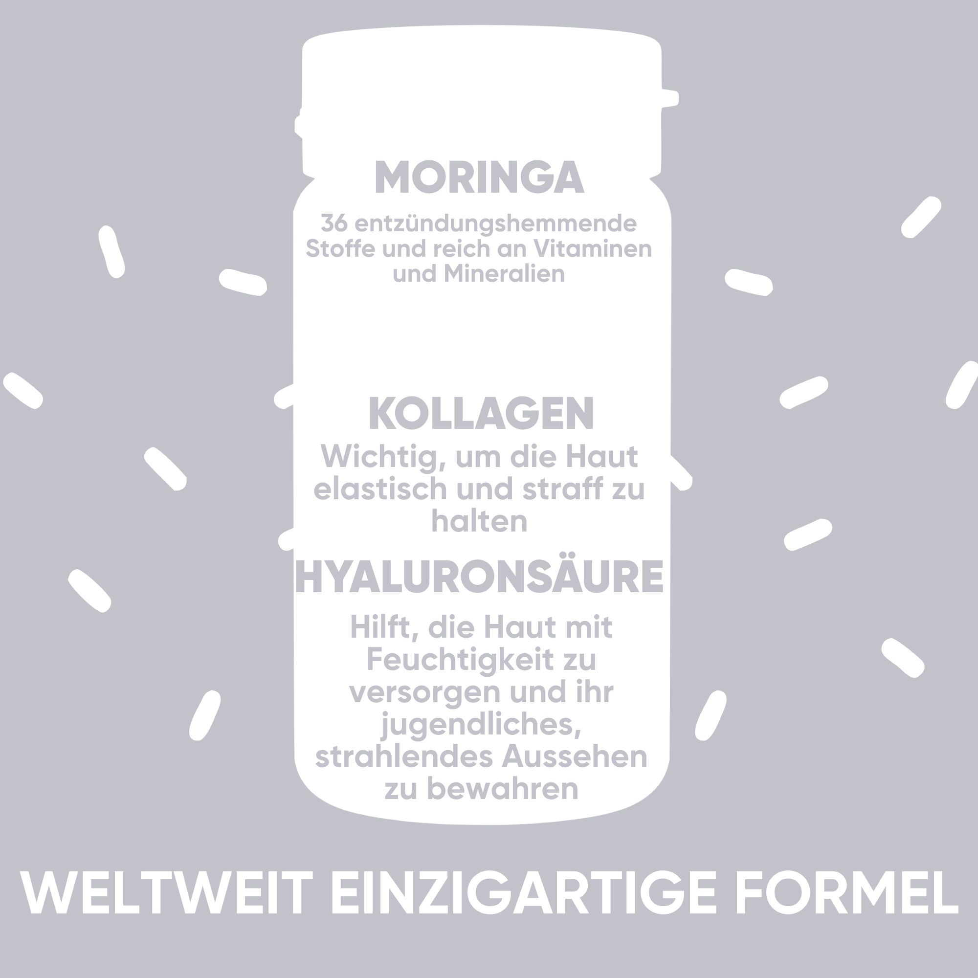 Flasche mit Moringa, Kollagen und Hyaluronsäure. "Weltweit einzigartige Formel".