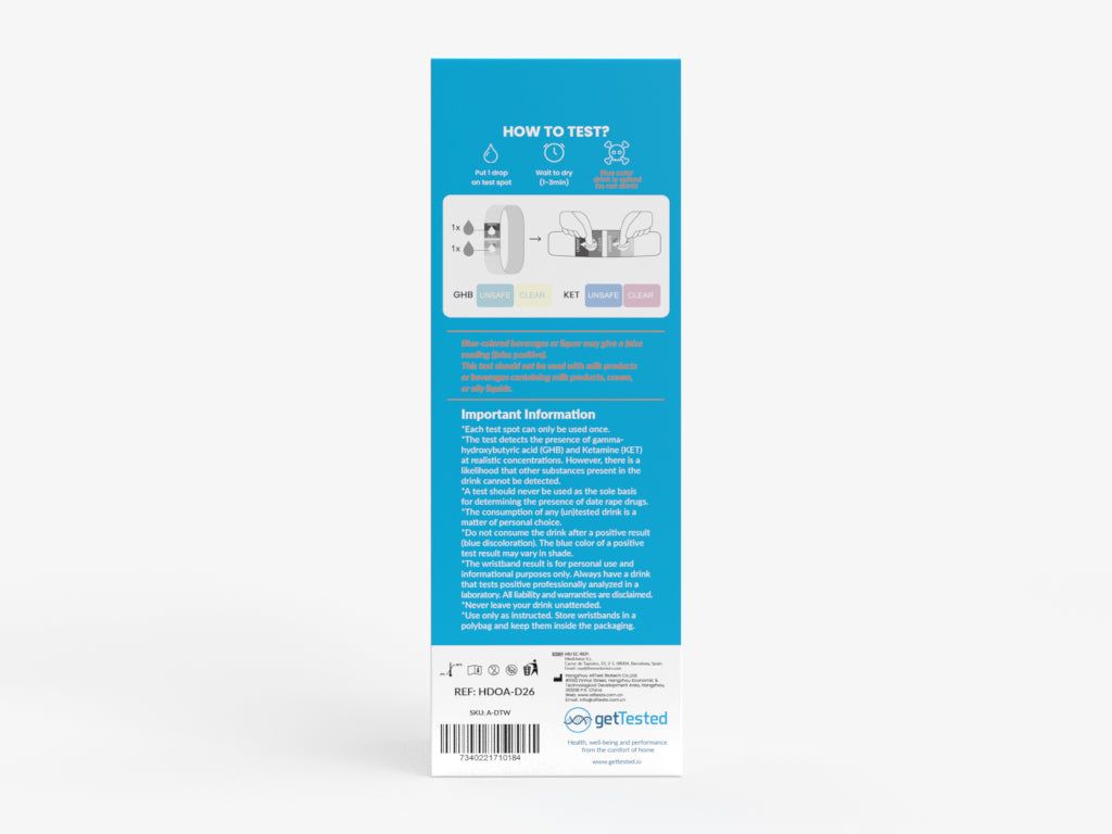 Getränketest-Armband-Verpackung. Blau, mit Text und Illustrationen. Enthält Informationen zur Anwendung und wichtige Hinweise.