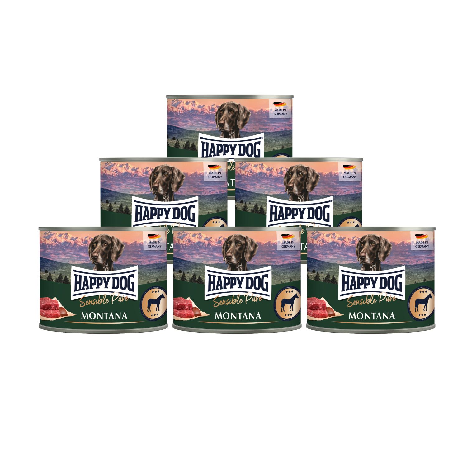 Mehrere Dosen Happy Dog Sensible Pure Montana. Aufschrift und Logo sichtbar. Produktverpackung.