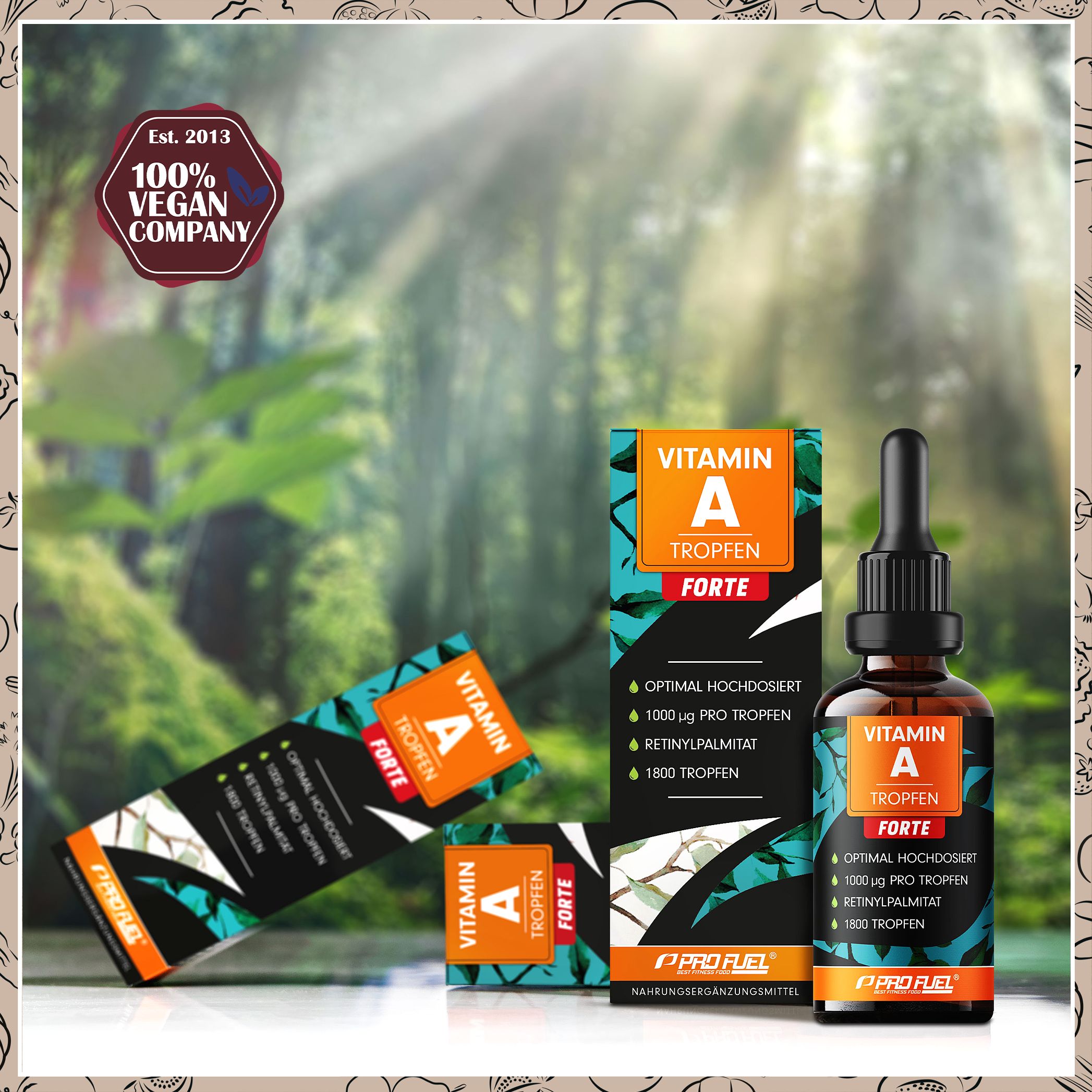 Vitamin A Tropfen Forte Flasche und Verpackung vor verschwommenem Hintergrund. Logo '100% Vegan Company'.