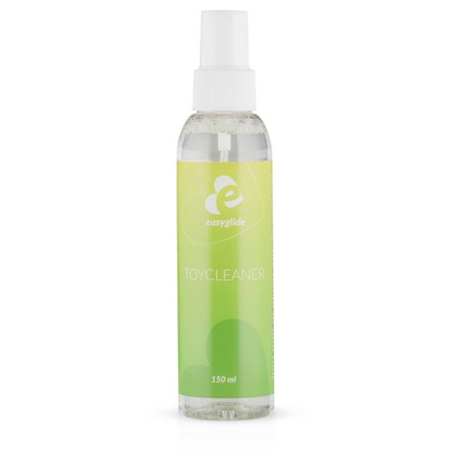 Sprühflasche mit grün-gelbem Etikett. Aufschrift: Easyglide Toycleaner. Weiße Sprühvorrichtung. 150 ml.