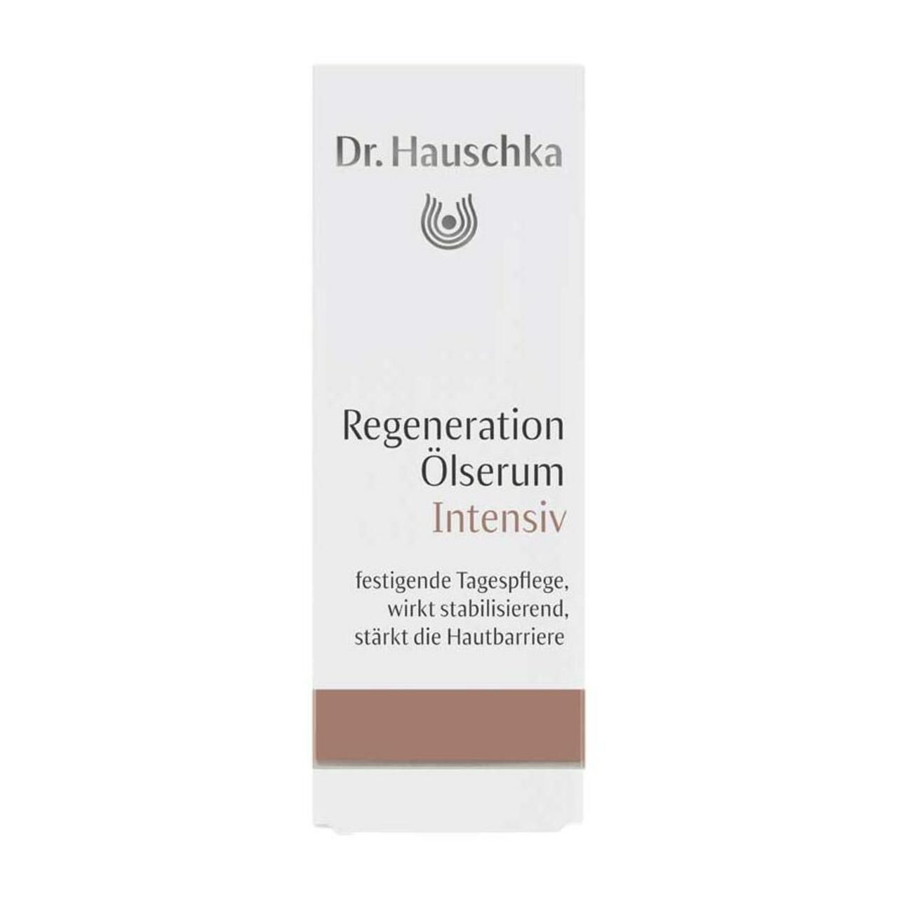 Verpackung Dr. Hauschka Regeneration Ölserum Intensiv. Text: festigende Tagespflege, wirkt stabilisierend, stärkt die Hautbarriere.