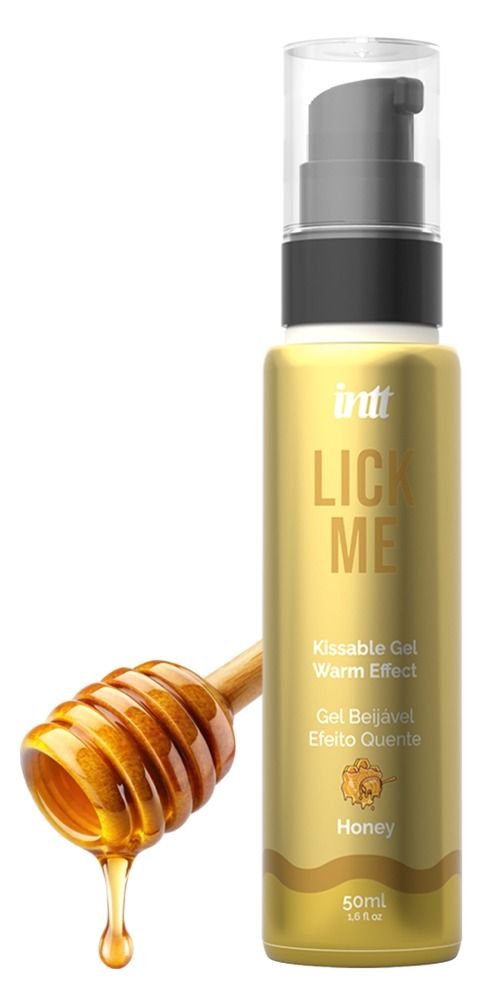 Goldfarbene Flasche mit Pumpe. Aufschrift: intt, Lick Me, Kissable Gel, Warm Effect, Honey. Honigwabe und Tropfen daneben.
