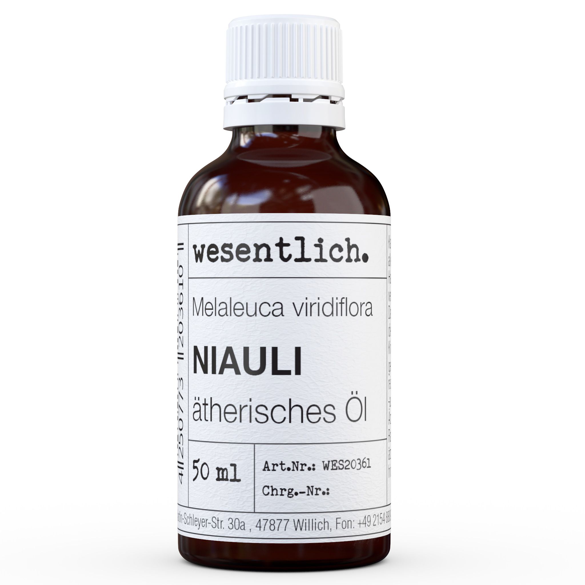 Braune Glasflasche mit weißem Etikett. Aufschrift: Niauli, ätherisches Öl, 50 ml. Marke: wesentlich.
