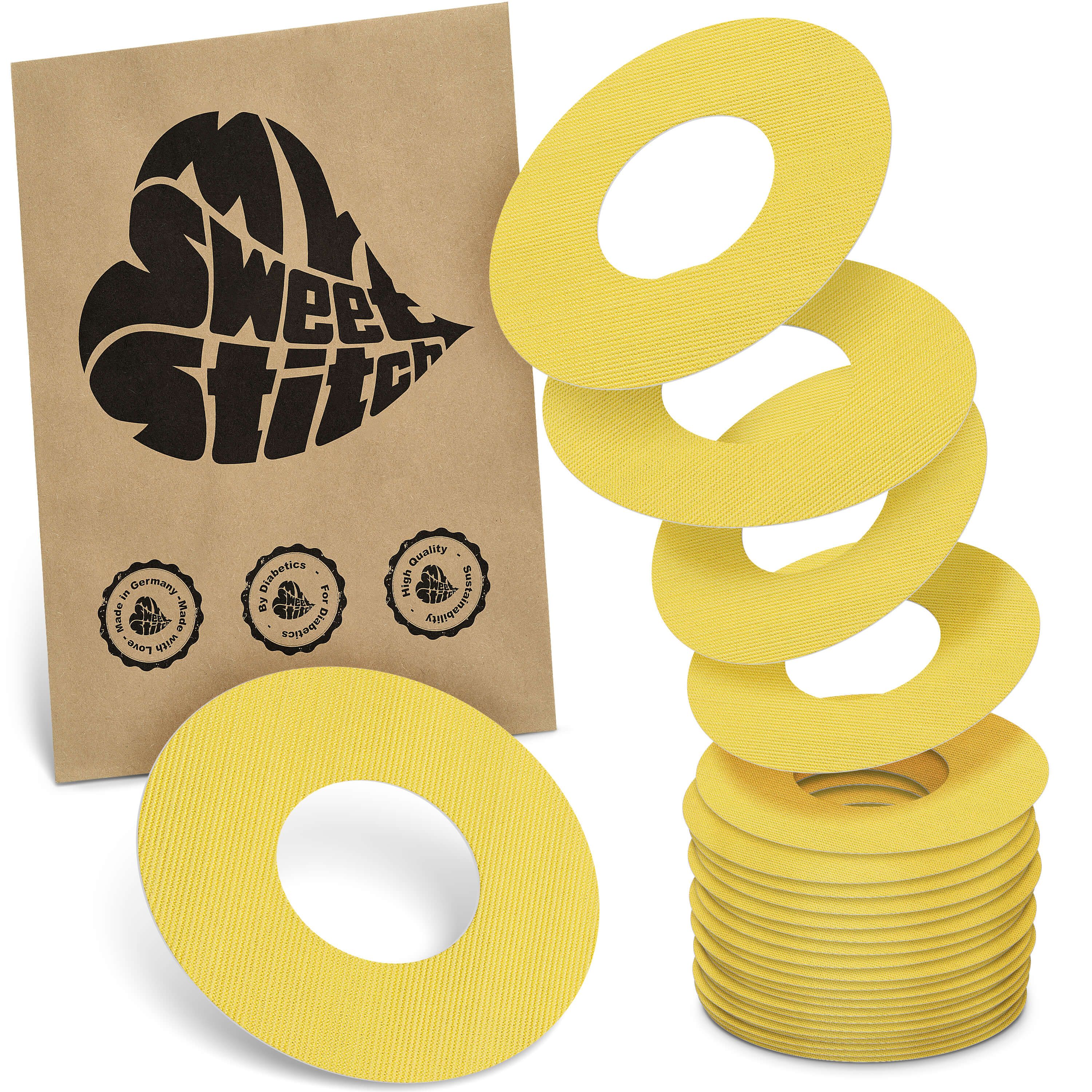 Gelbe Ringpflaster. Verpackung mit Logo 'MySweetStitch'. Siegel: 'Made in Germany', 'By diabetics for diabetics', 'High Quality'.