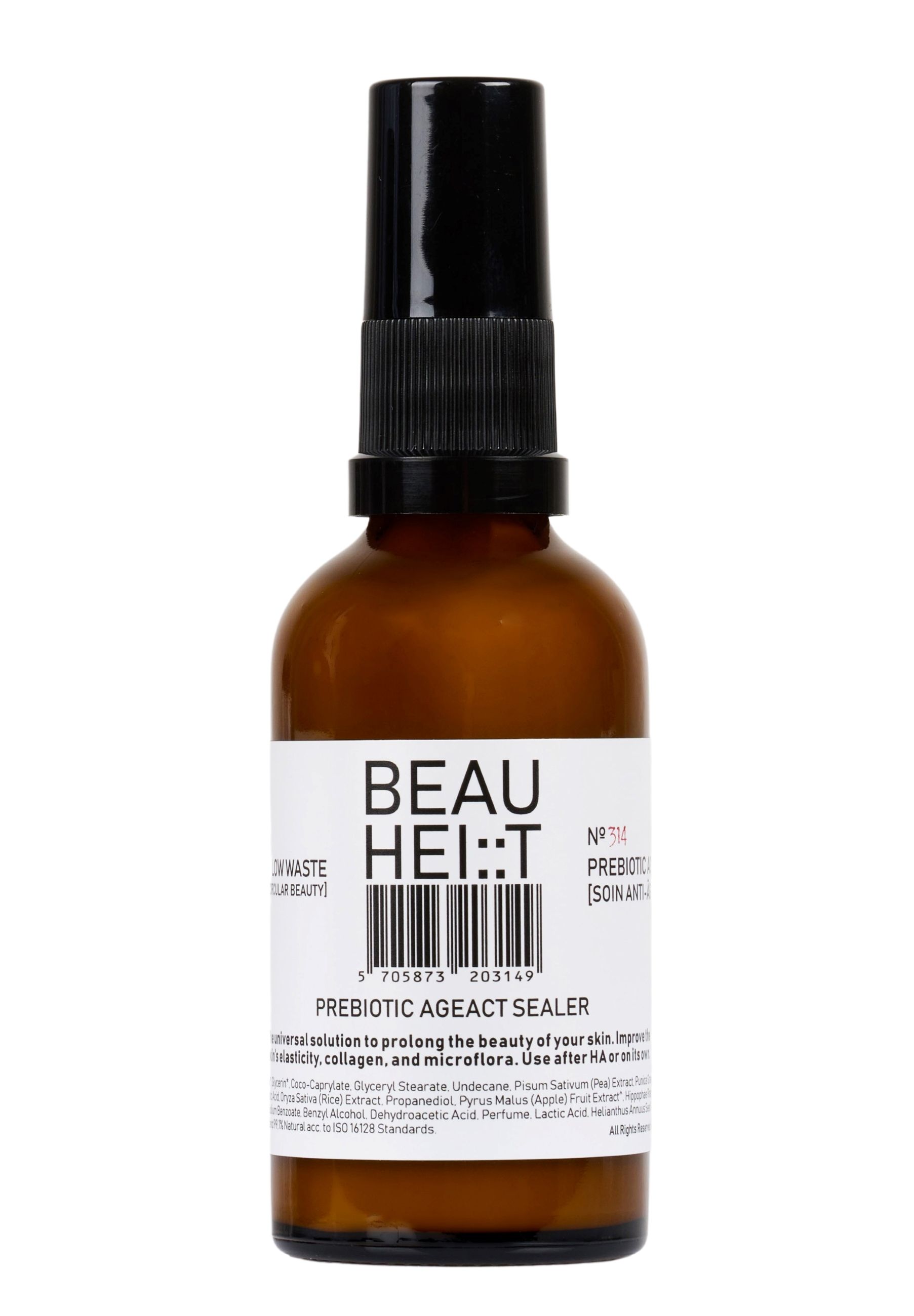 Braune Glasflasche mit schwarzem Sprühkopf. Weißes Etikett mit Text: BEAUHEIT Prebiotic AgeAct Sealer. Produktname und Inhaltsstoffe.