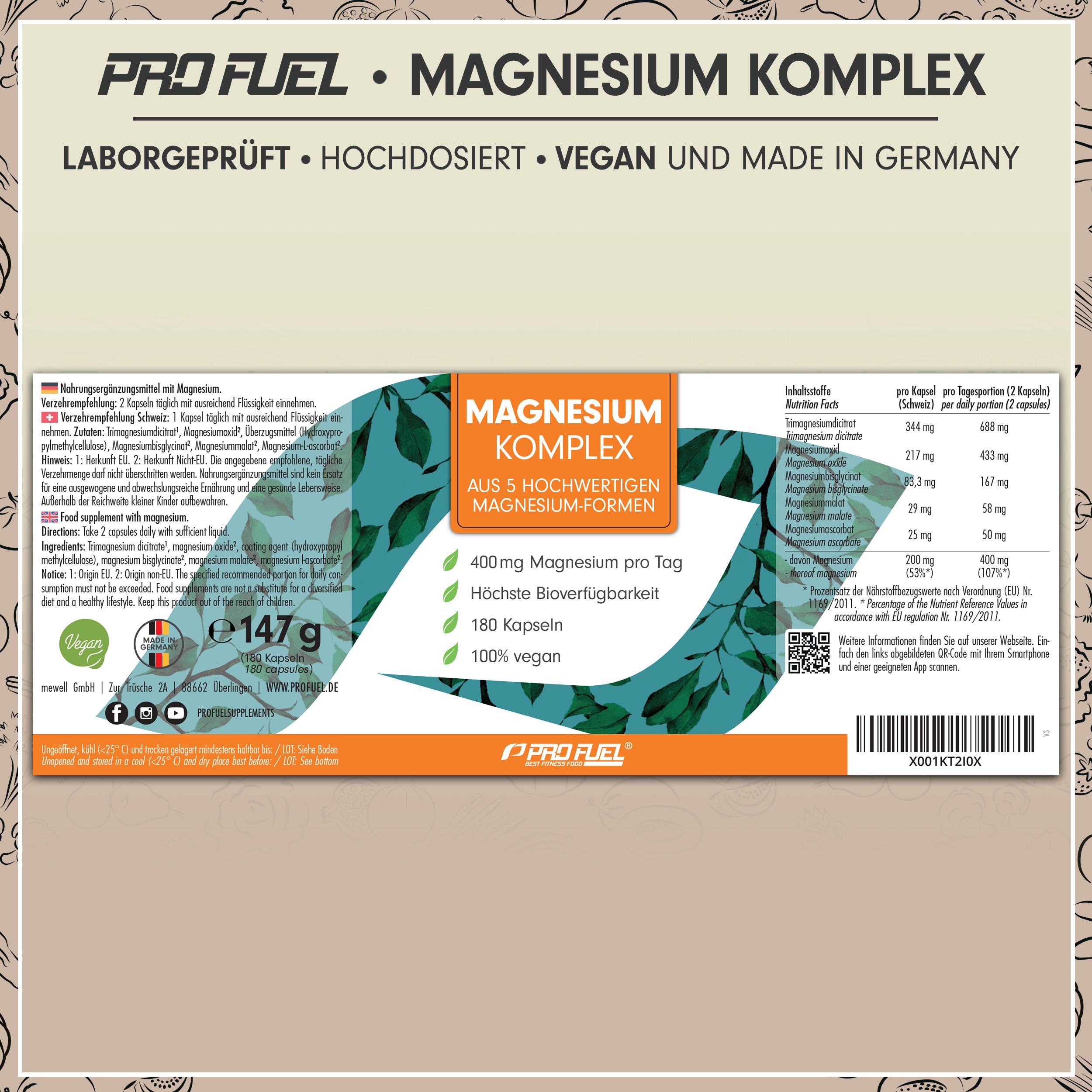 ProFuel - MAGNESIUM Komplex mit 5 hochwertigen Magnesium-Formen, optimal hochdosiert, 400 mg pro Tag