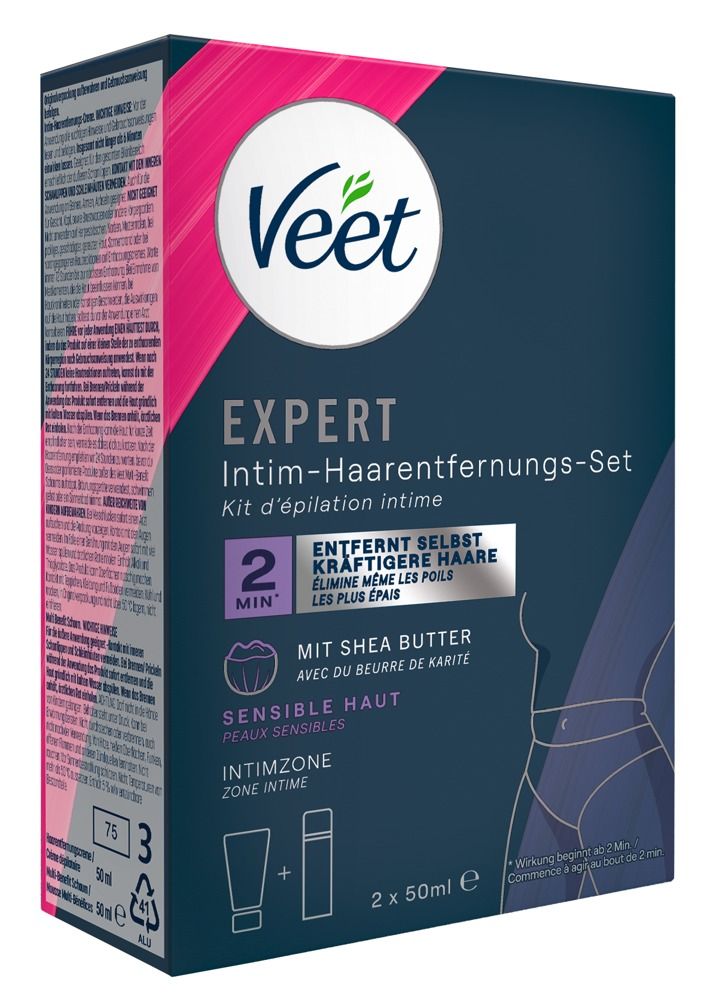 Veet Expert Intim-Haarentfernungs-Set Verpackung mit Creme und Schaum, 2x 50ml.