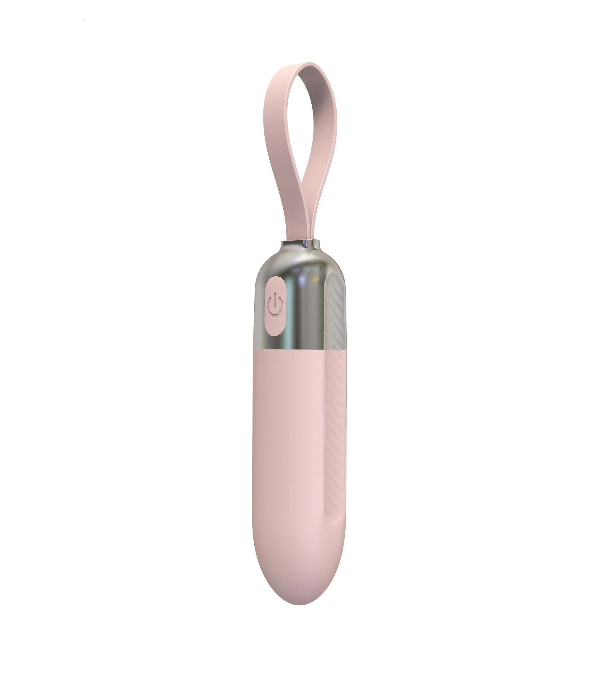 Rosa Vibrator mit Schlaufe. Silberfarbener Kopf mit Power-Taste. Glatte, ovale Form.