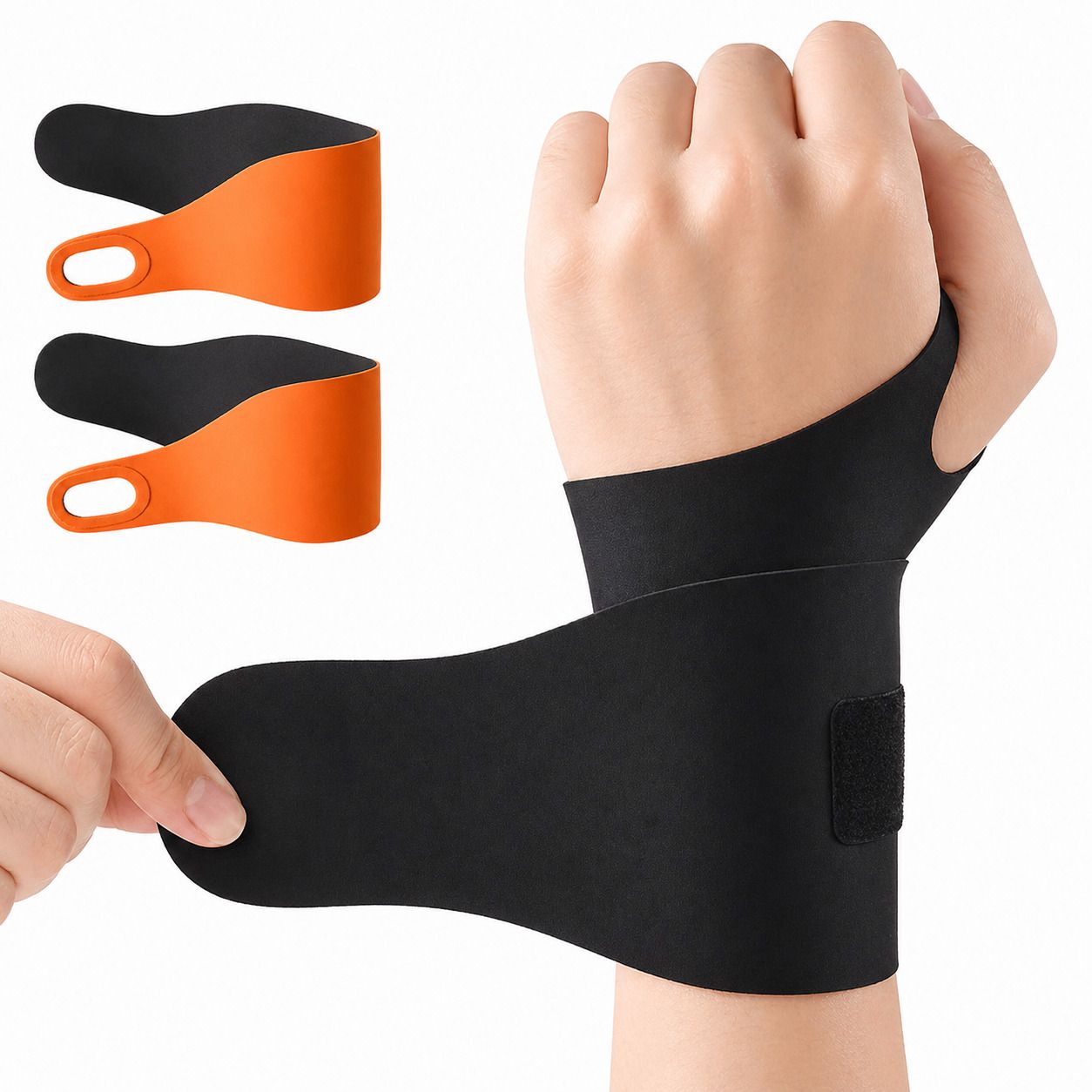 Zwei Handgelenkbandagen, eine orange, eine schwarz. Eine Hand zeigt, wie man sie anlegt. Schwarzer Klettverschluss.
