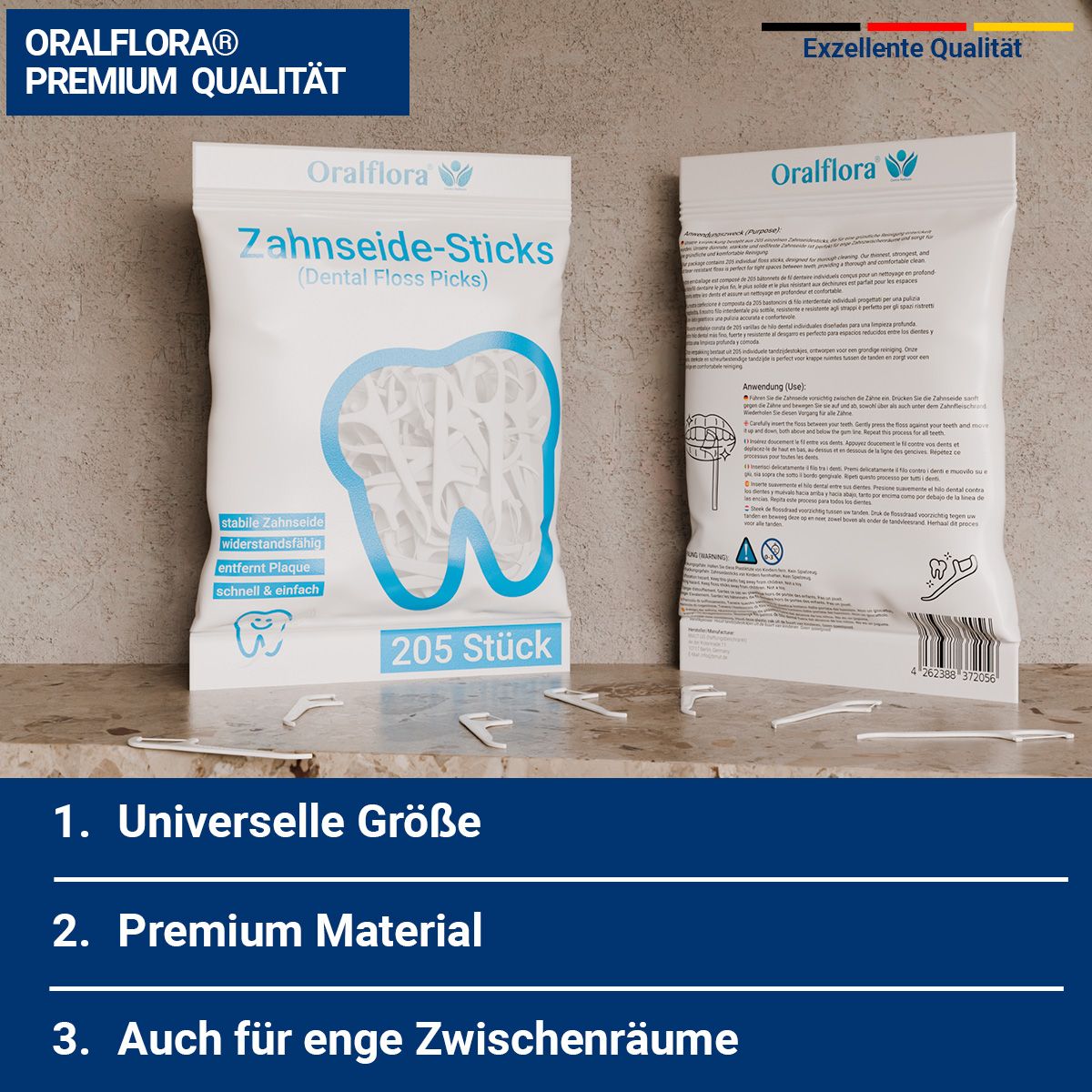 Zwei Packungen Zahnseide-Sticks. Text: 1. Universelle Größe, 2. Premium Material, 3. Auch für enge Zwischenräume.