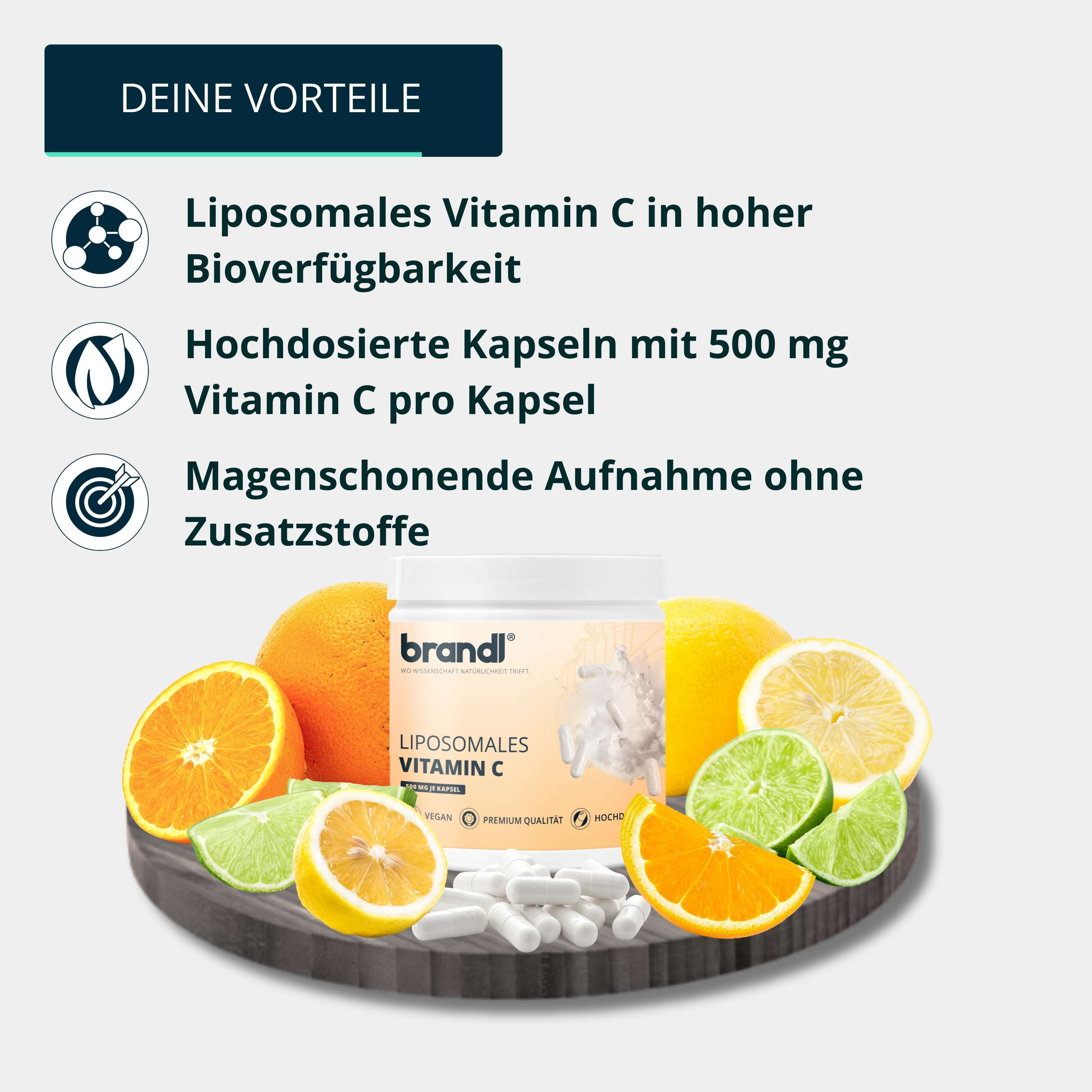Produktglas mit Vitamin C Kapseln, umgeben von Zitrusfrüchten. Text: Liposomales Vitamin C, 500 mg pro Kapsel, ohne Zusatzstoffe.
