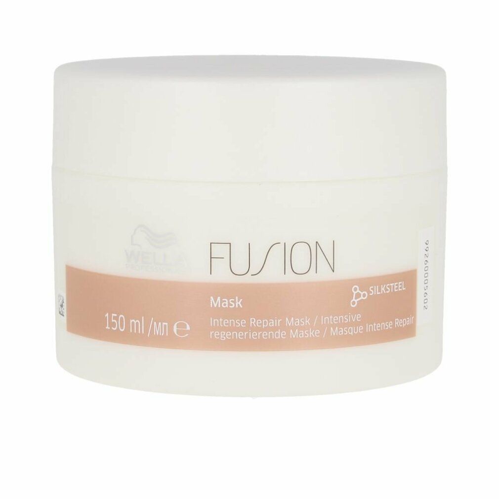 Weißer Tiegel mit Aufschrift FUSION Maske. Enthält 150 ml. Aufschrift Silksteel.