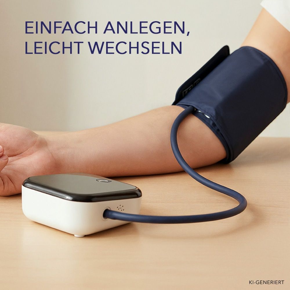 Ein Oberarm-Blutdruckmessgerät mit Manschette und digitaler Anzeigeeinheit.
