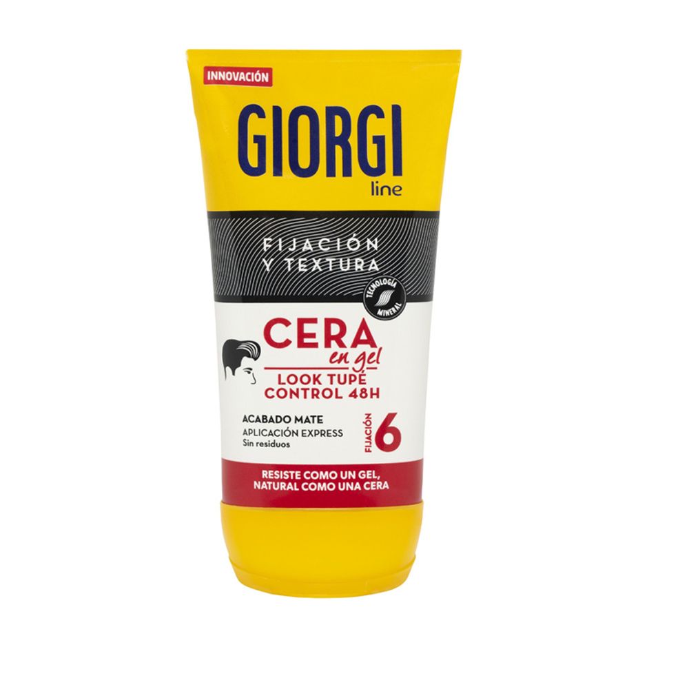 Gel-Haarwachs Giorgi, gelbe Tube. Schwarzer Streifen mit Text. "Cera en gel" und "Look Tupe Control 48H".