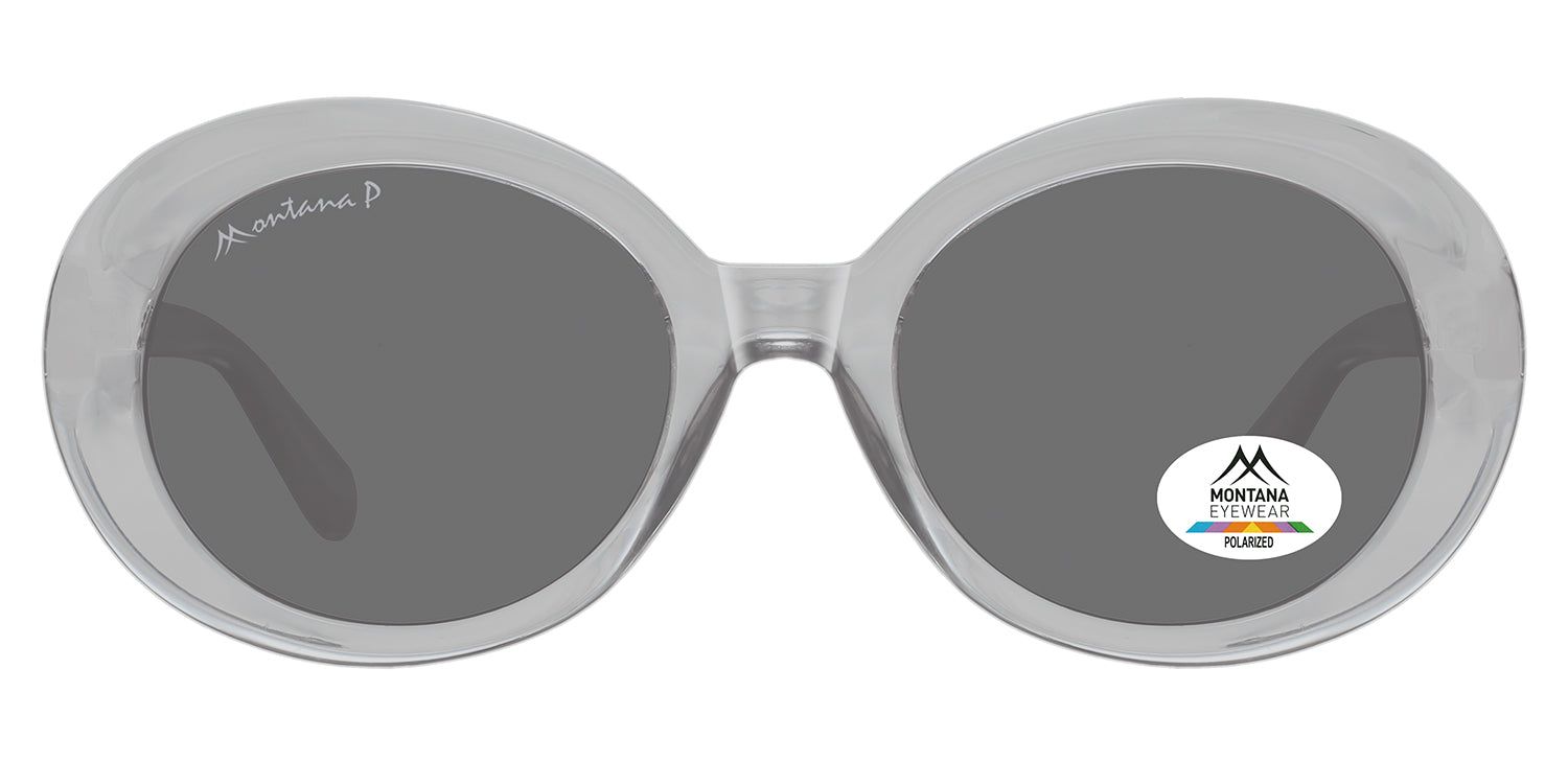 Graue Sonnenbrille mit runden Gläsern. Montana Eyewear Logo auf dem Glas und Bügel. Polarisiertes Glas.