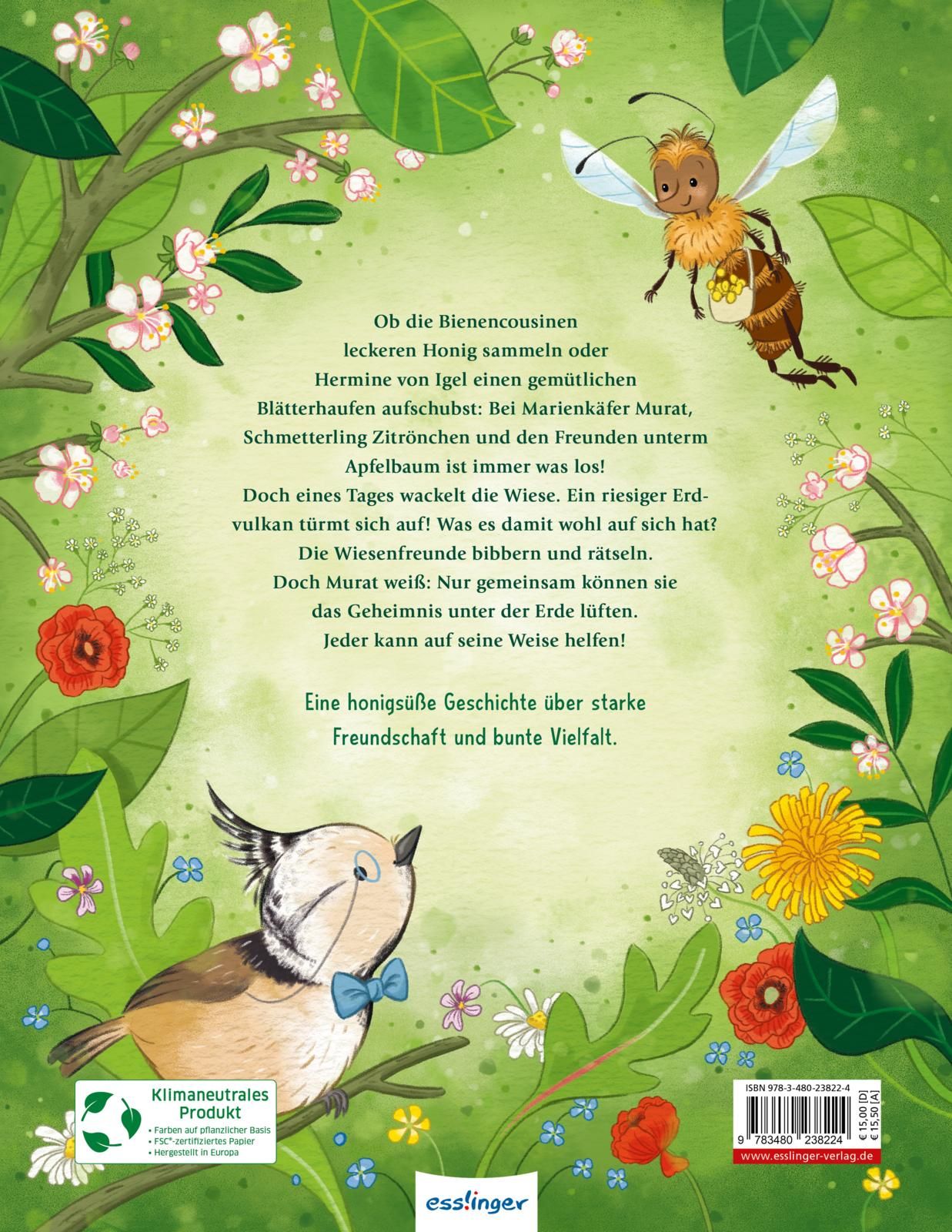 Buchrückseite mit Text und Illustrationen. Eine Biene, eine Eule und Blumen sind abgebildet. Logo von Esslinger.