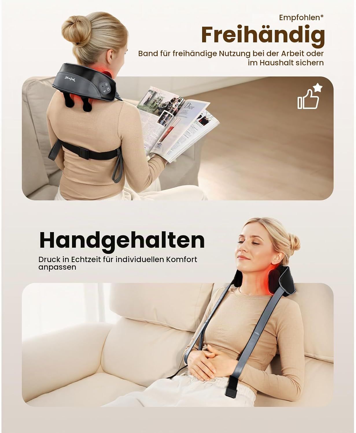 Freihändiges Nackenmassagegerät mit Trageband. Handgehaltenes Massagegerät zur individuellen Komfortanpassung.