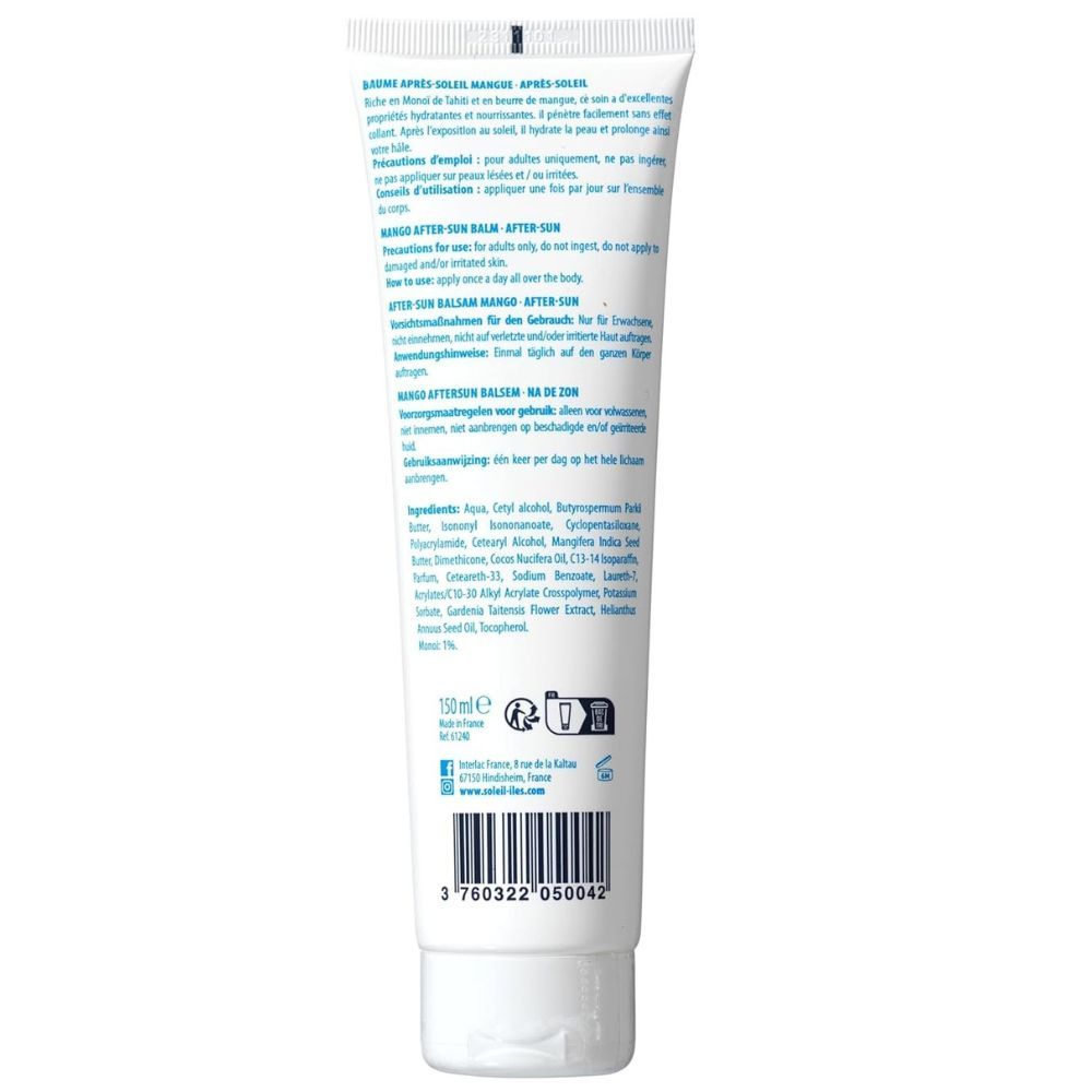 Achterkant van een tube. Tekst: Après-Soleil Balsam Mango. Ingrediënten en gebruiksaanwijzing. Volume: 150ml.