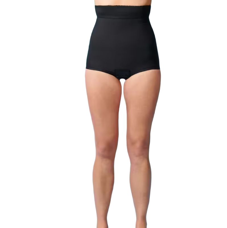 Schwarze Kompressions-Hose mit hohem Bund. Blick von vorne. Eng anliegend, bedeckt den Bauch und Oberschenkel.