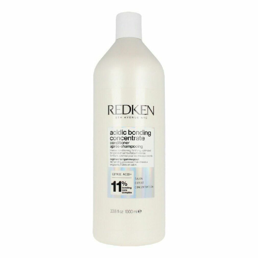 Flasche mit weißem Deckel. Aufschrift: REDKEN, acidic bonding concentrate conditioner. Etikett mit 11% Bonding Care Complex.