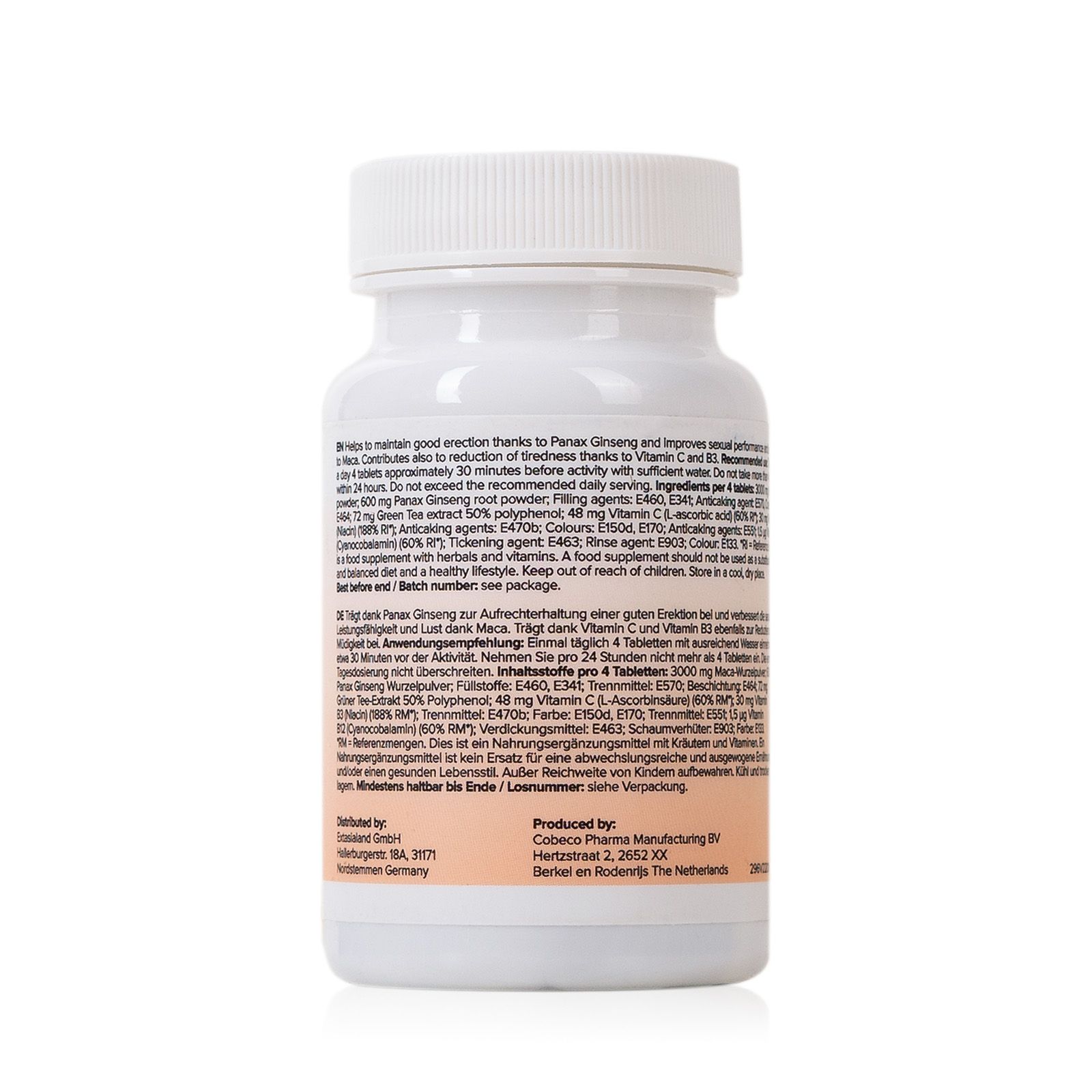 Rückseite der Flasche "POTENZ Tabletten". Text: Inhaltsstoffe, Anwendungsempfehlung.