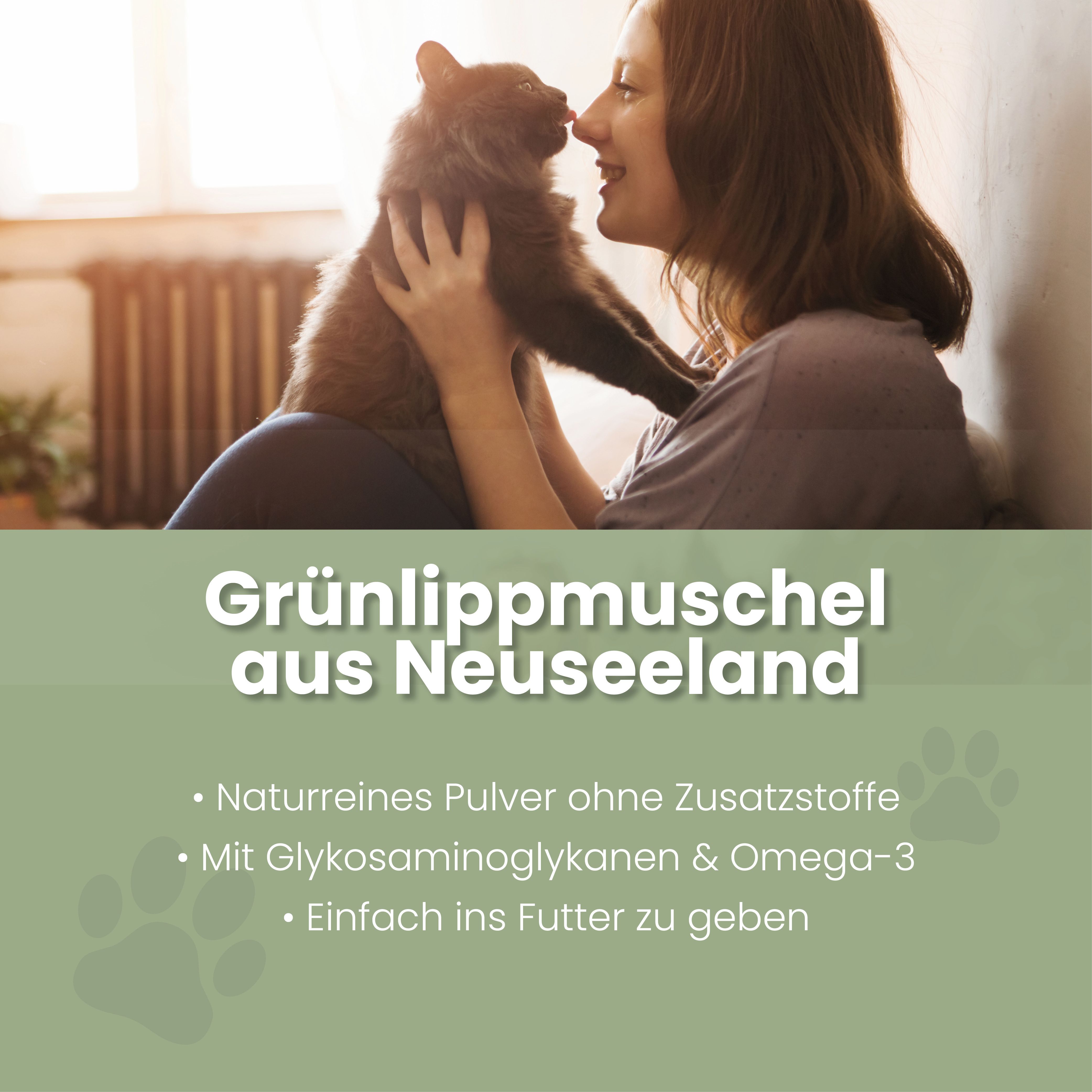 Frau hält eine Katze, die sich an ihre Nase kuschelt. Text: Grünlippmuschel aus Neuseeland.