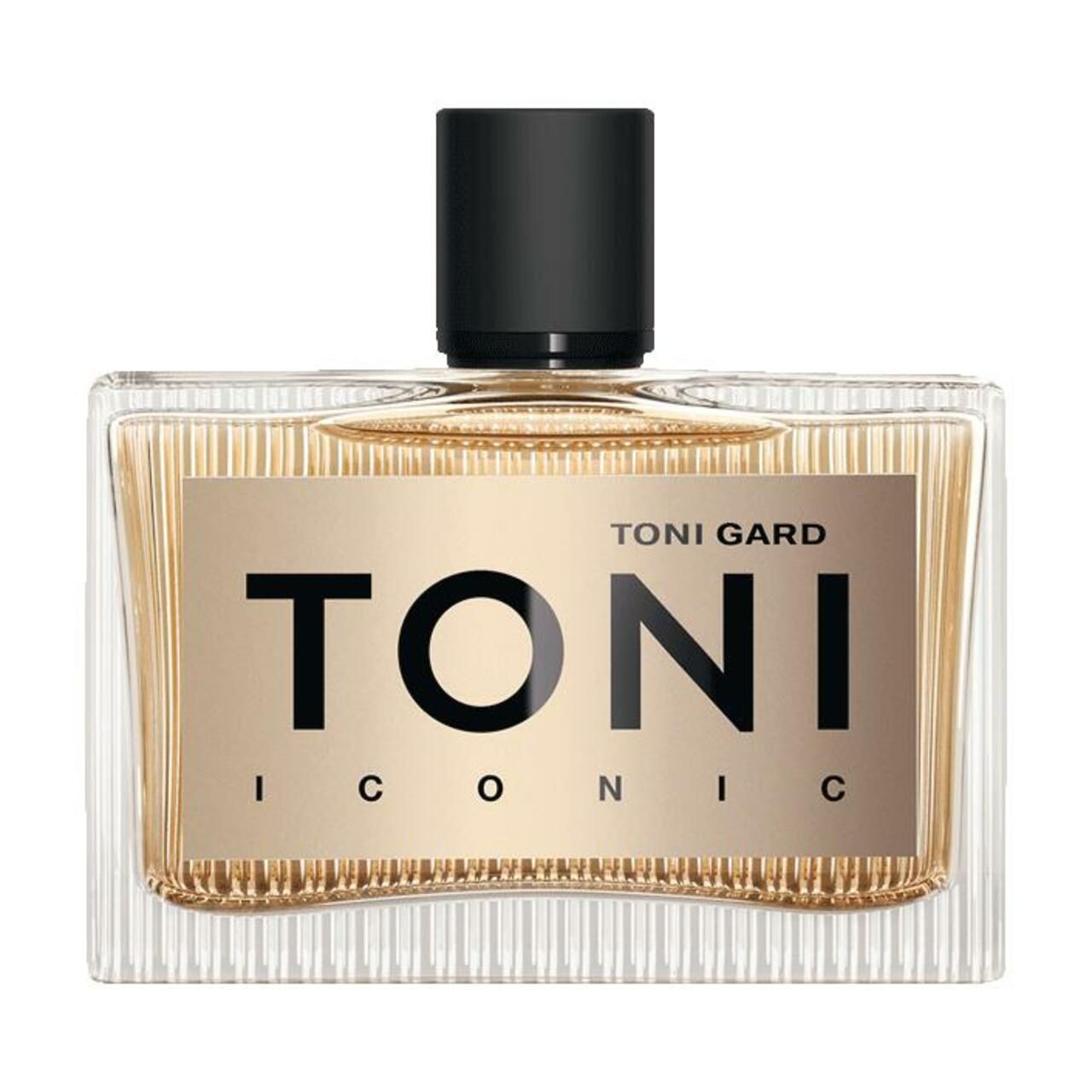Toni Gard ICONIC Eau de Parfum. Rechteckiger Flakon mit schwarzer Kappe. Goldfarbenes Etikett mit schwarzem Schriftzug.