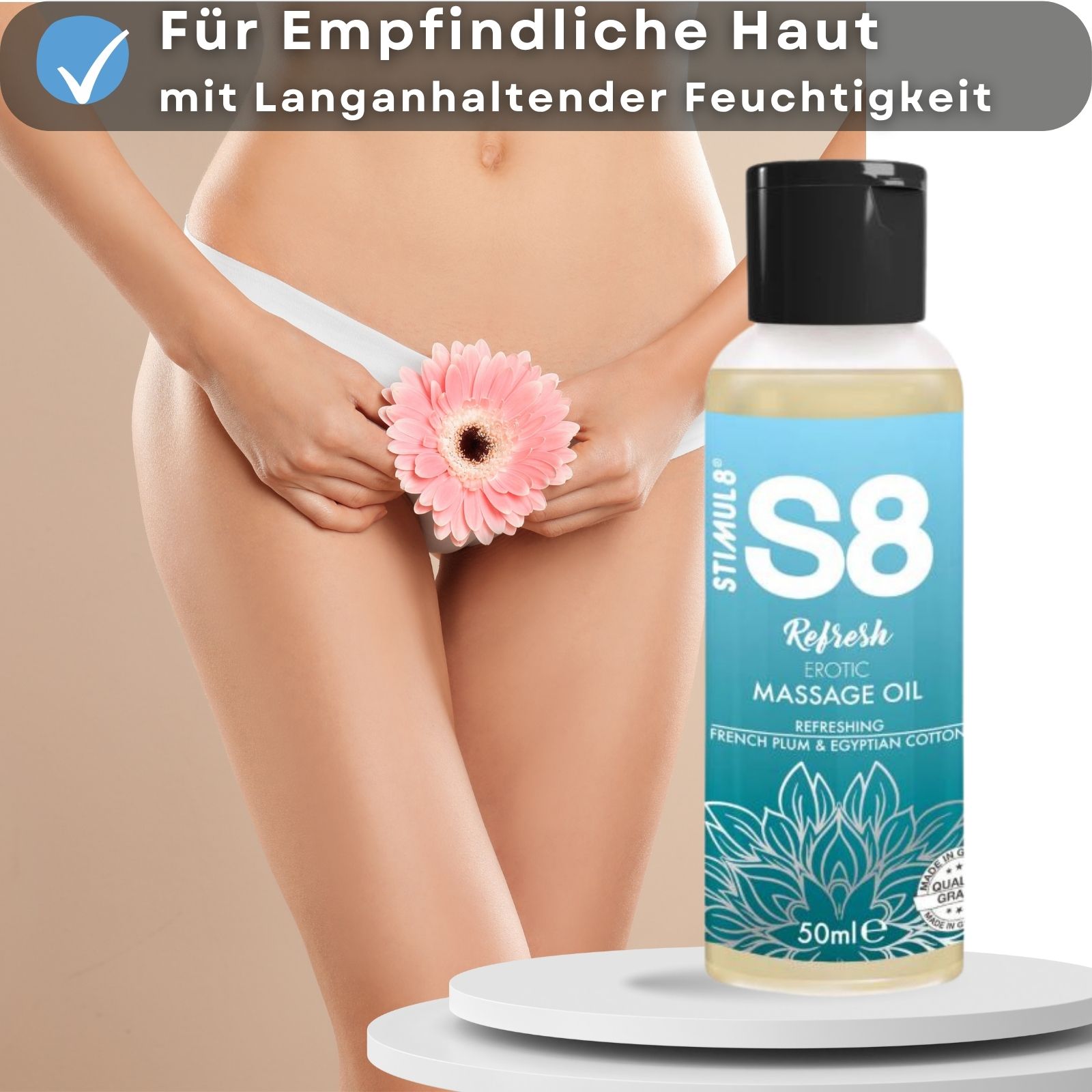S8 Refresh Erotic Massage Oil. Flasche mit schwarzem Deckel. 50ml. Frau mit Blüte. Intimbereich.