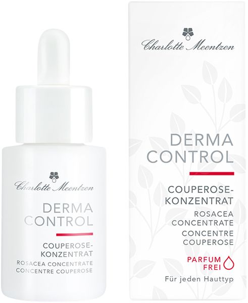 Weißes Fläschchen mit Pipette und Verpackung. Aufschrift: Derma Control Couperose Konzentrat. Marke: Charlotte Meentzen.
