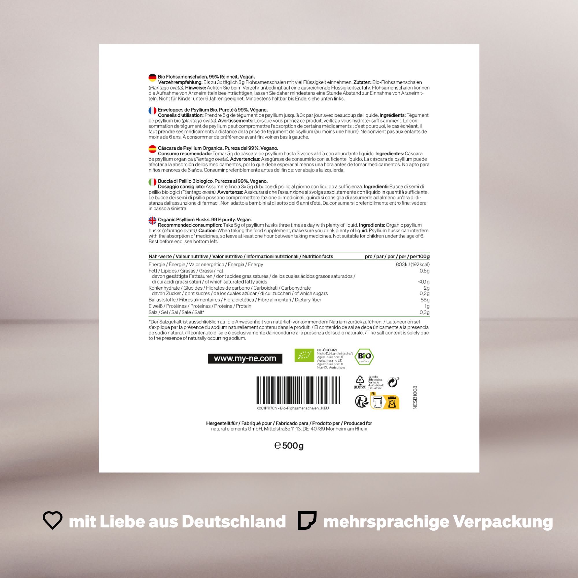 Rückseite der Produktverpackung mit mehrsprachigen Texten, Nährwertangaben und Zertifizierungen. Inhalt: 500g.