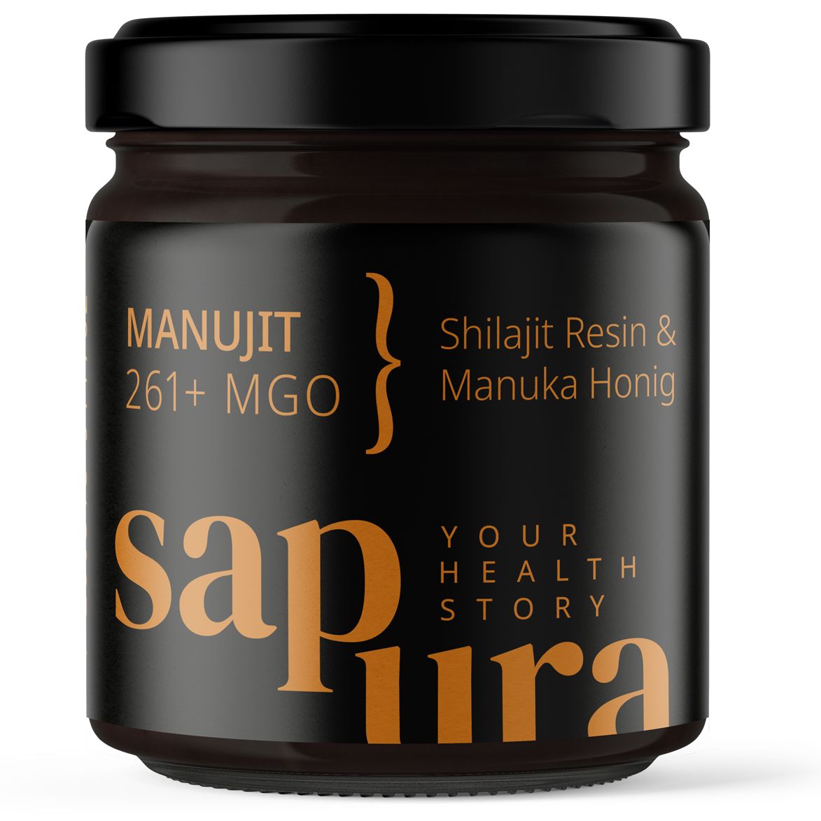 Braune Glasdose mit schwarzem Deckel. Aufschrift: MANUJIT 261+ MGO, Shilajit Resin & Manuka Honig, sapPura, YOUR HEALTH STORY.